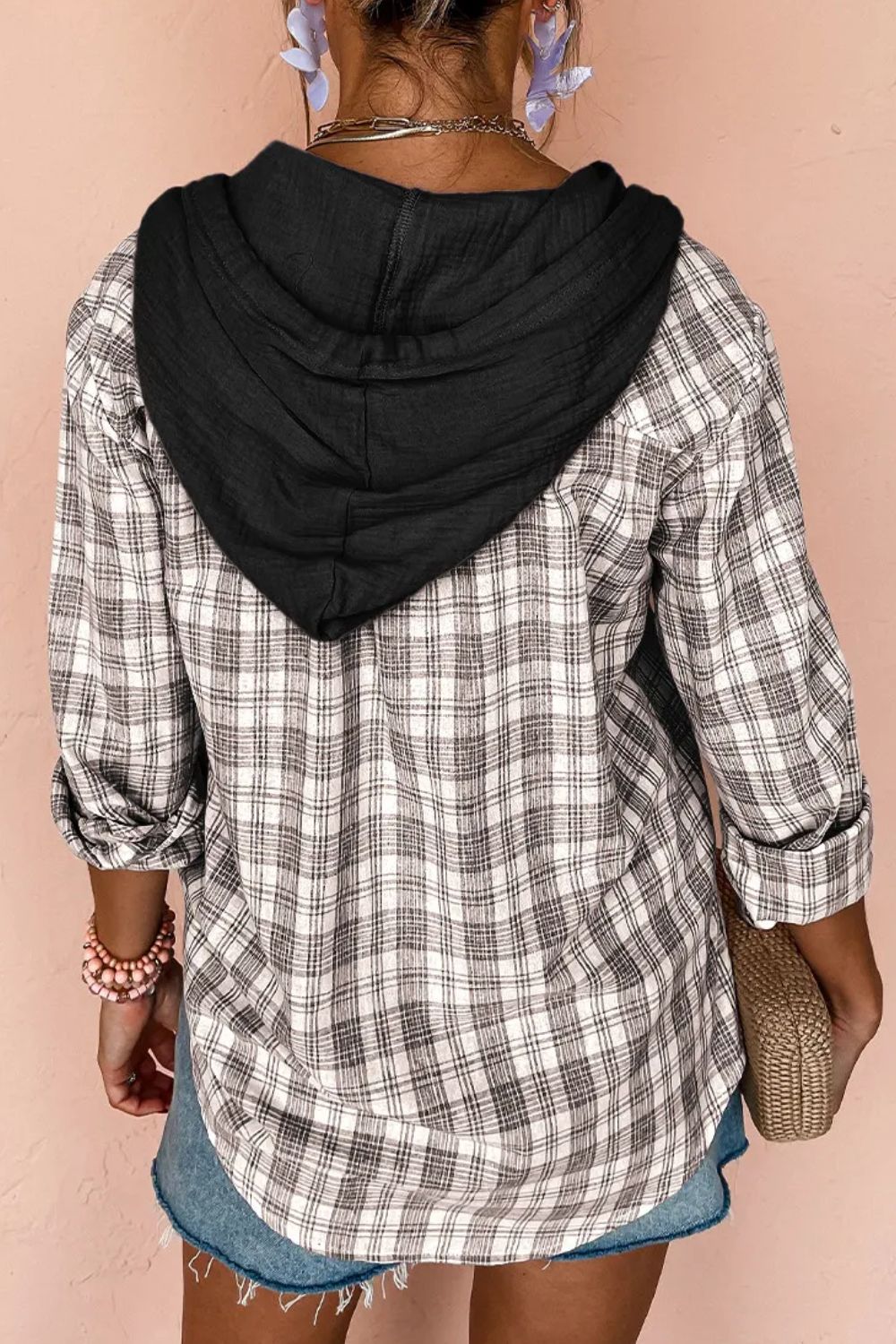 Drawstring Button Up Hooded Jacket - Charming Charlie