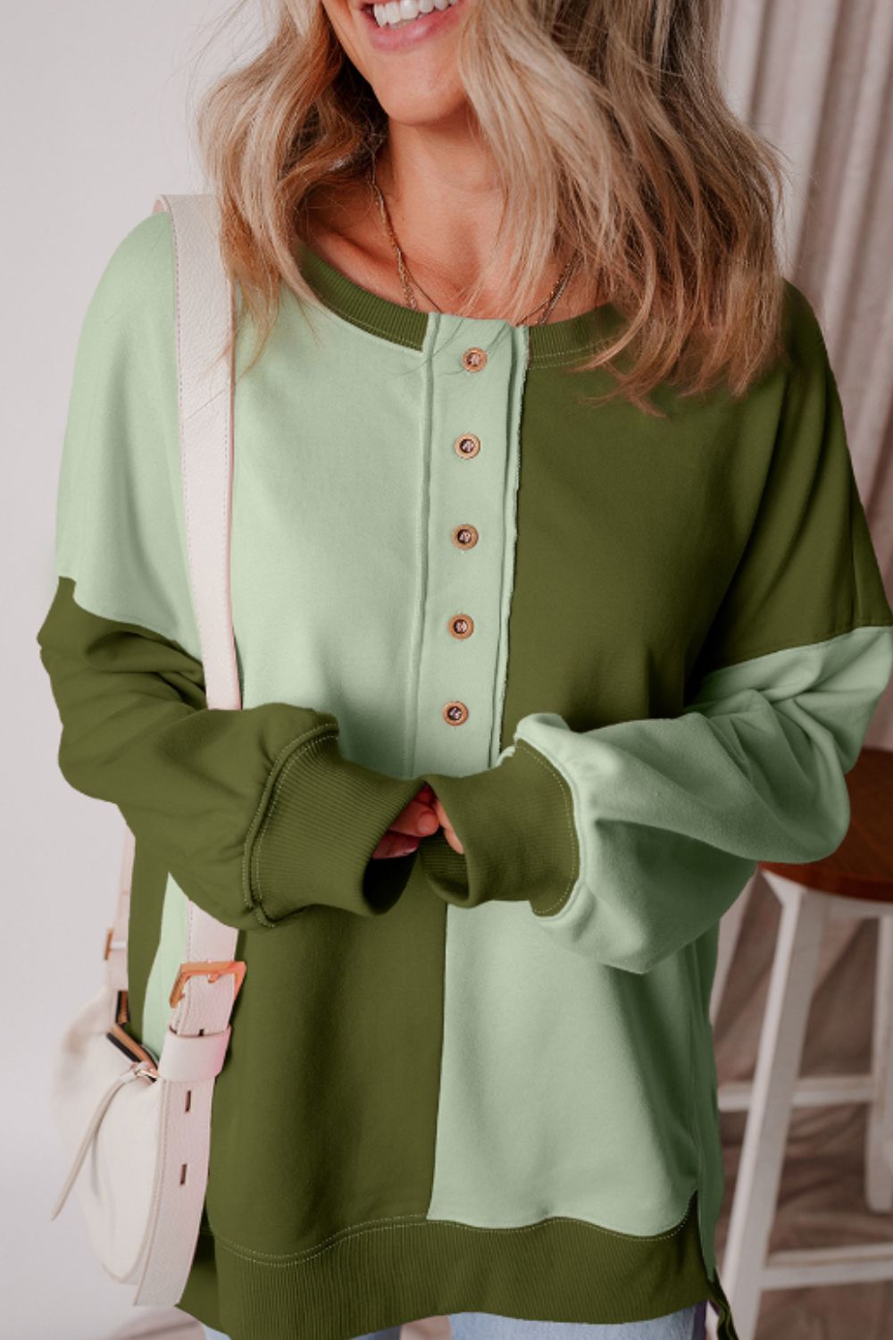 Color Block Half Button Long Sleeve Sweatshirt - Charming Charlie