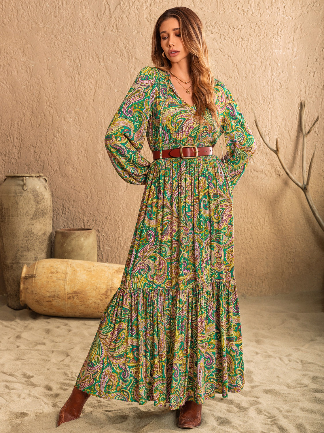 Printed Tie Neck Long Sleeve Dress - Charming Charlie