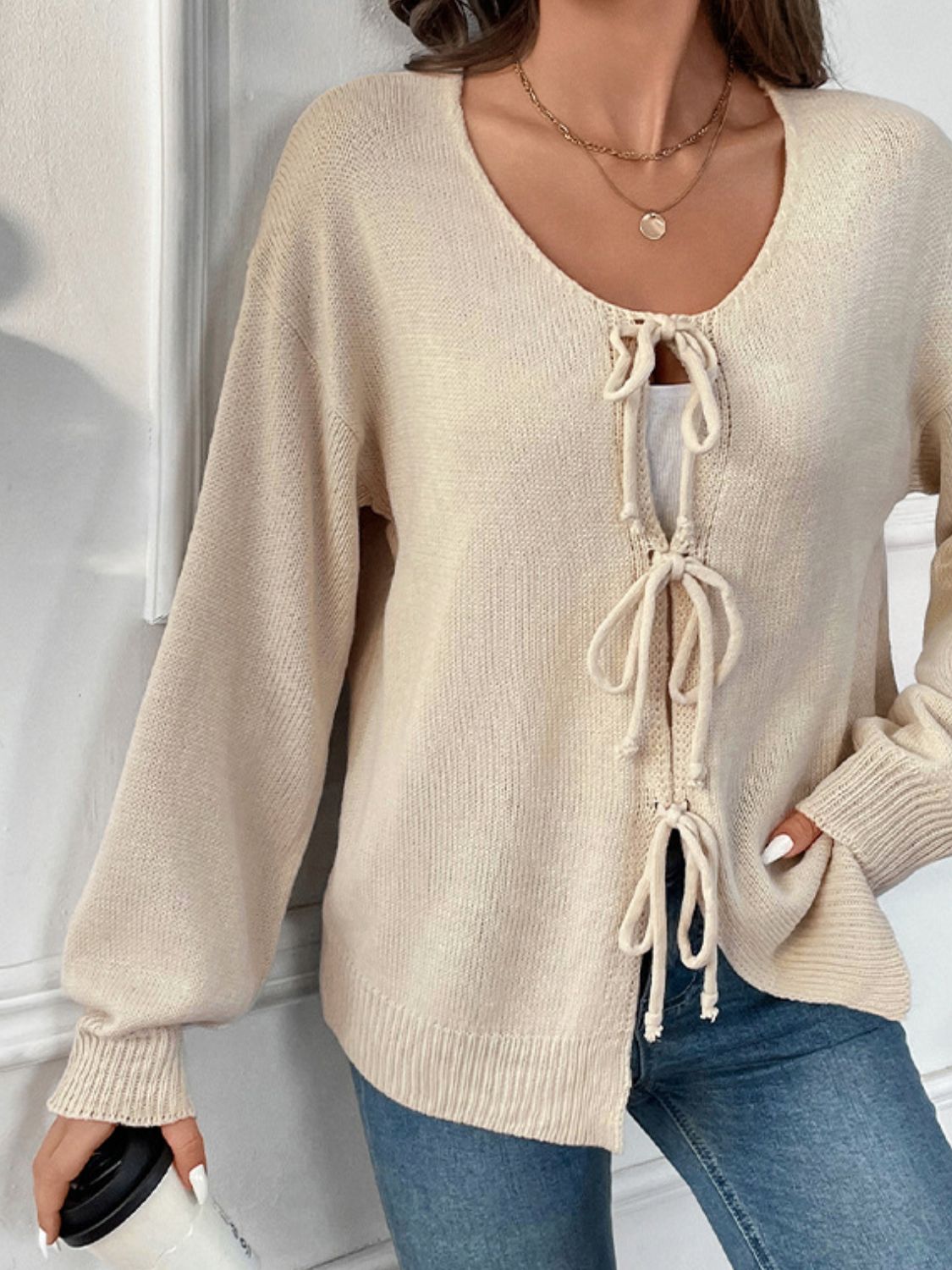 Perfee Tied Round Neck Long Sleeve Cardigan - Charming Charlie