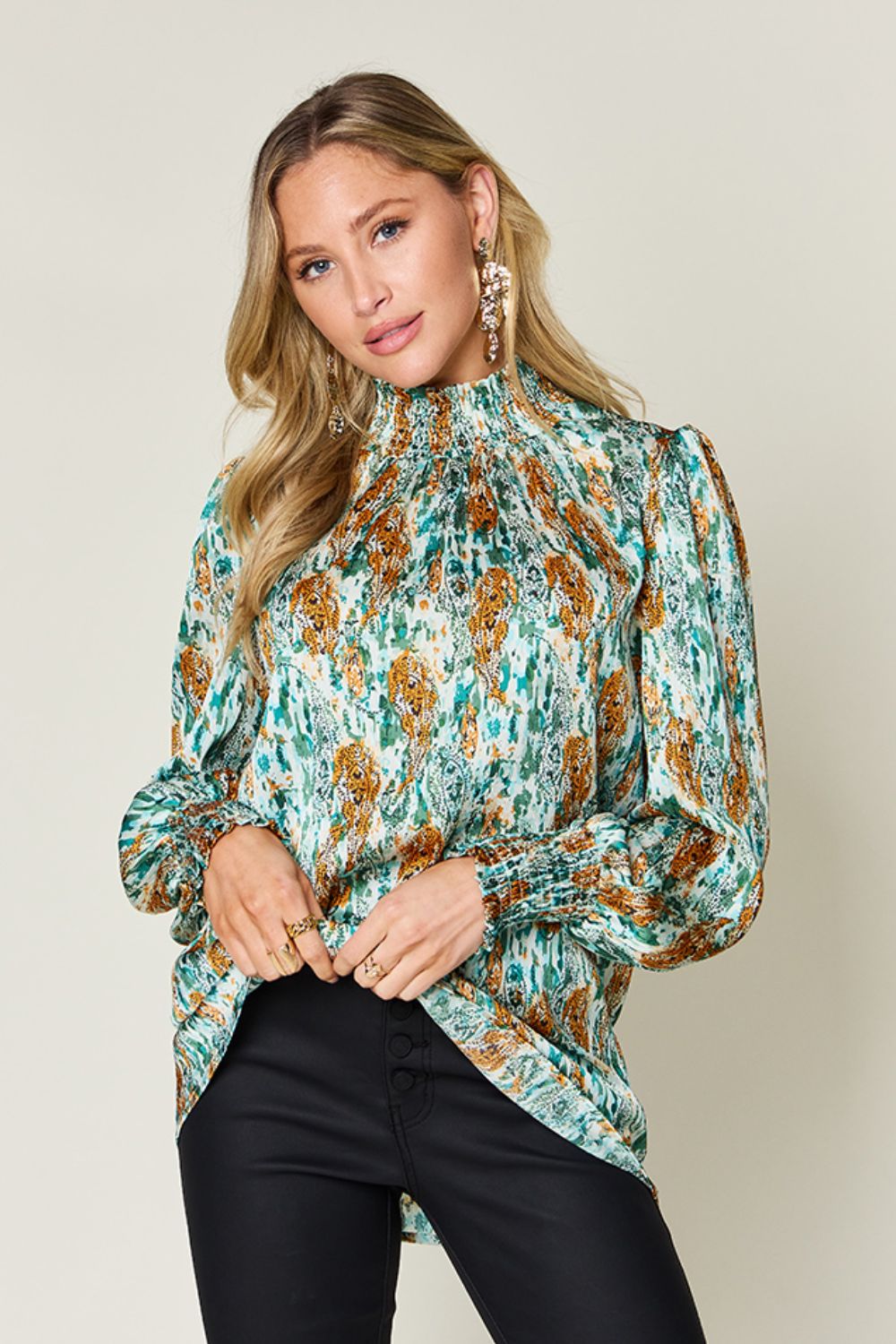 Double Take Full Size Printed Smocked Long Sleeve Blouse - Charming Charlie