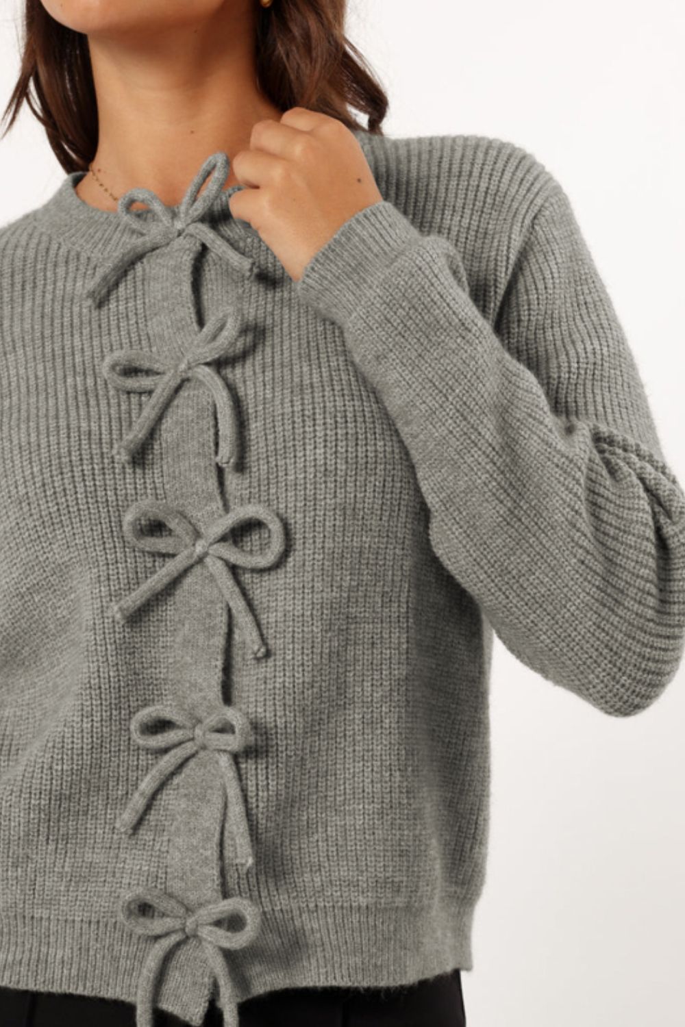 Bow Round Neck Long Sleeve Cardigan - Charming Charlie