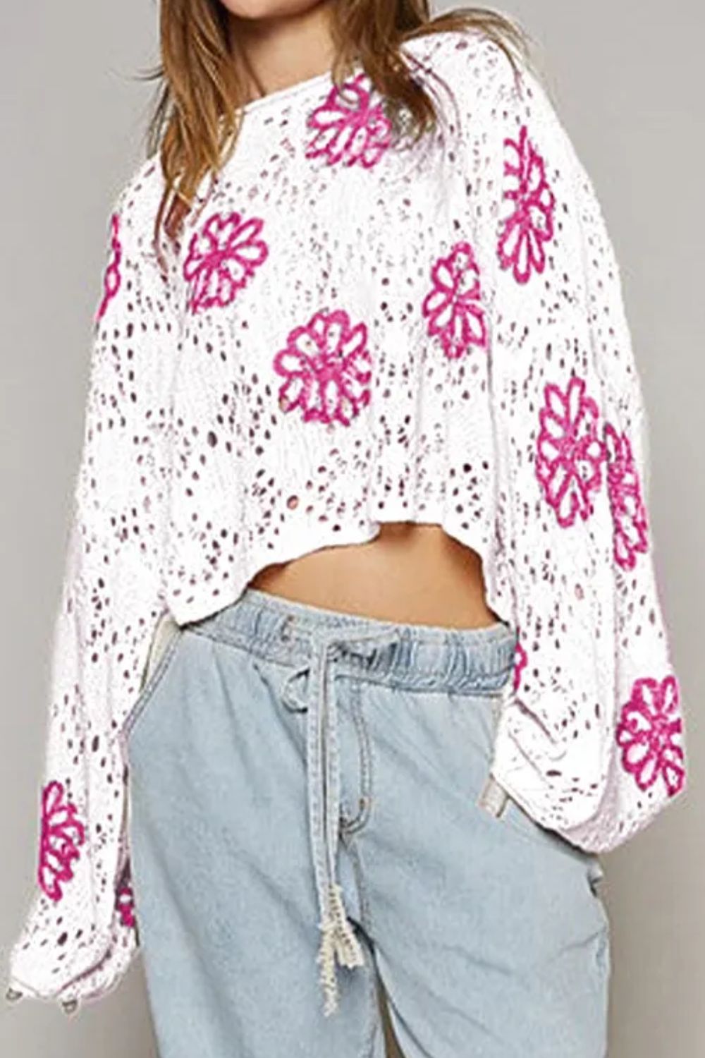 Openwork Round Neck Long Sleeve Knit Top - Charming Charlie