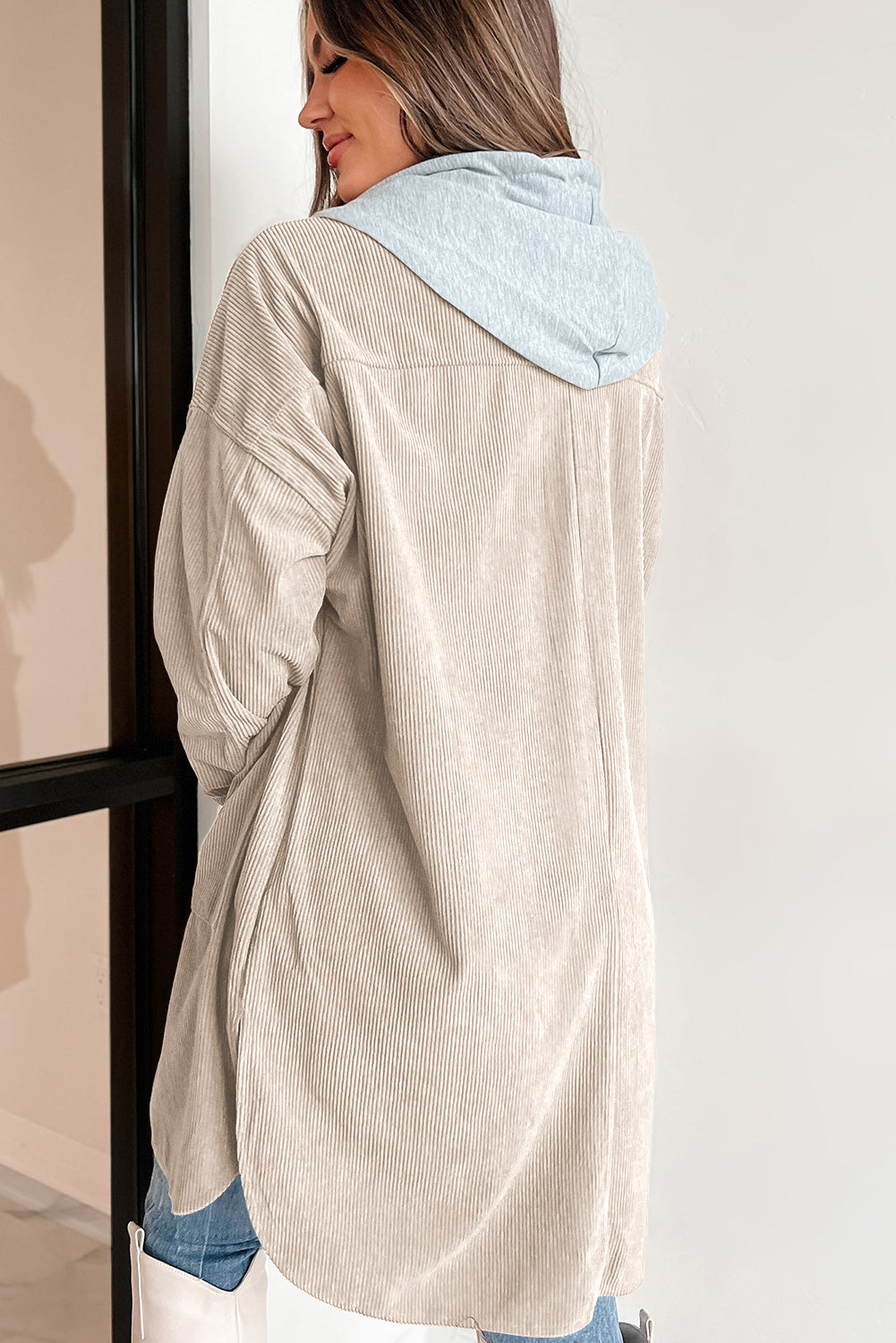 Drawstring Button Up Long Sleeve Hooded Jacket - Charming Charlie