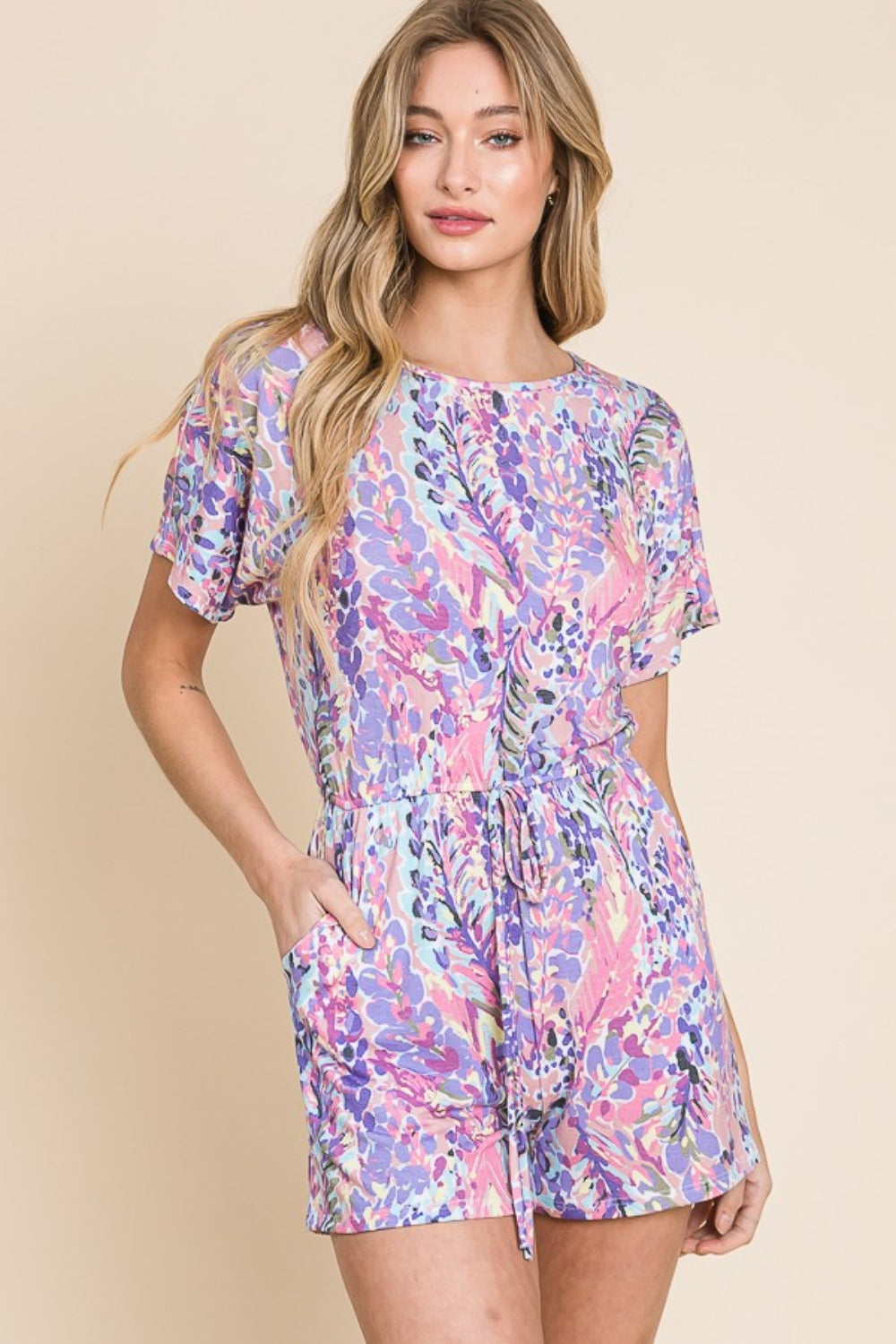 BOMBOM Print Short Sleeve Romper with Pockets - Charming Charlie