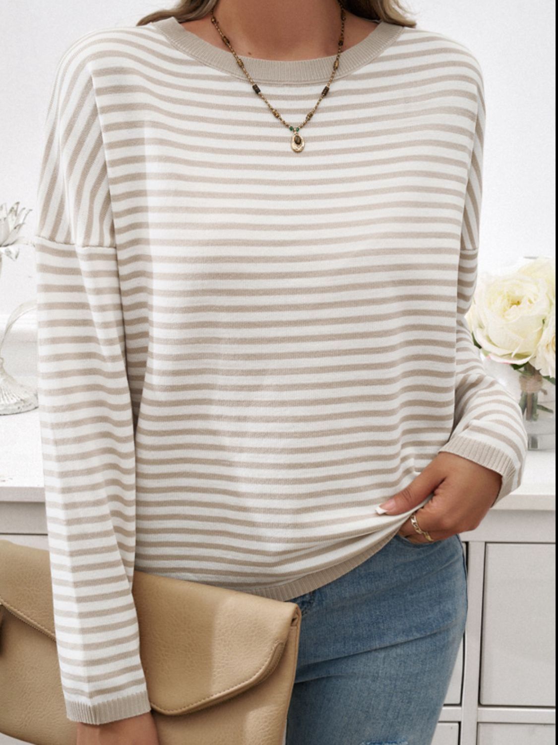 Striped Round Neck Dropped Shoulder Sweater - Charming Charlie