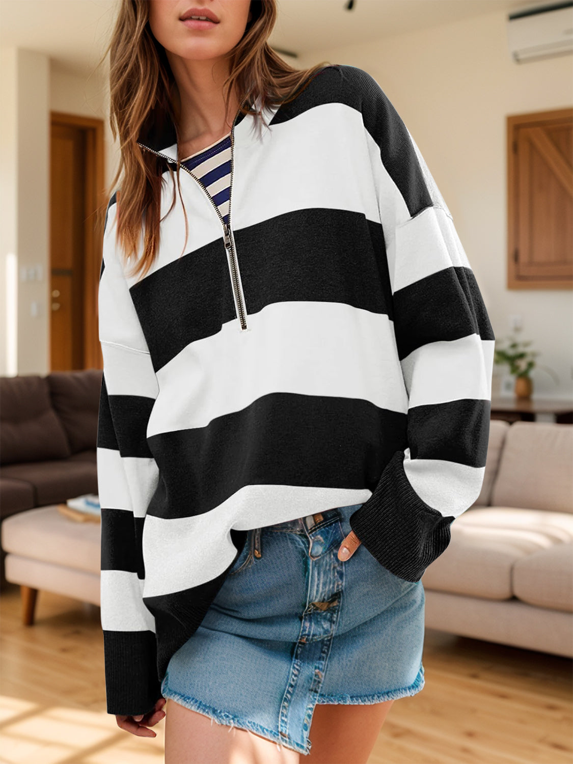 Color Block Half Zip Long Sleeve Sweater - Charming Charlie