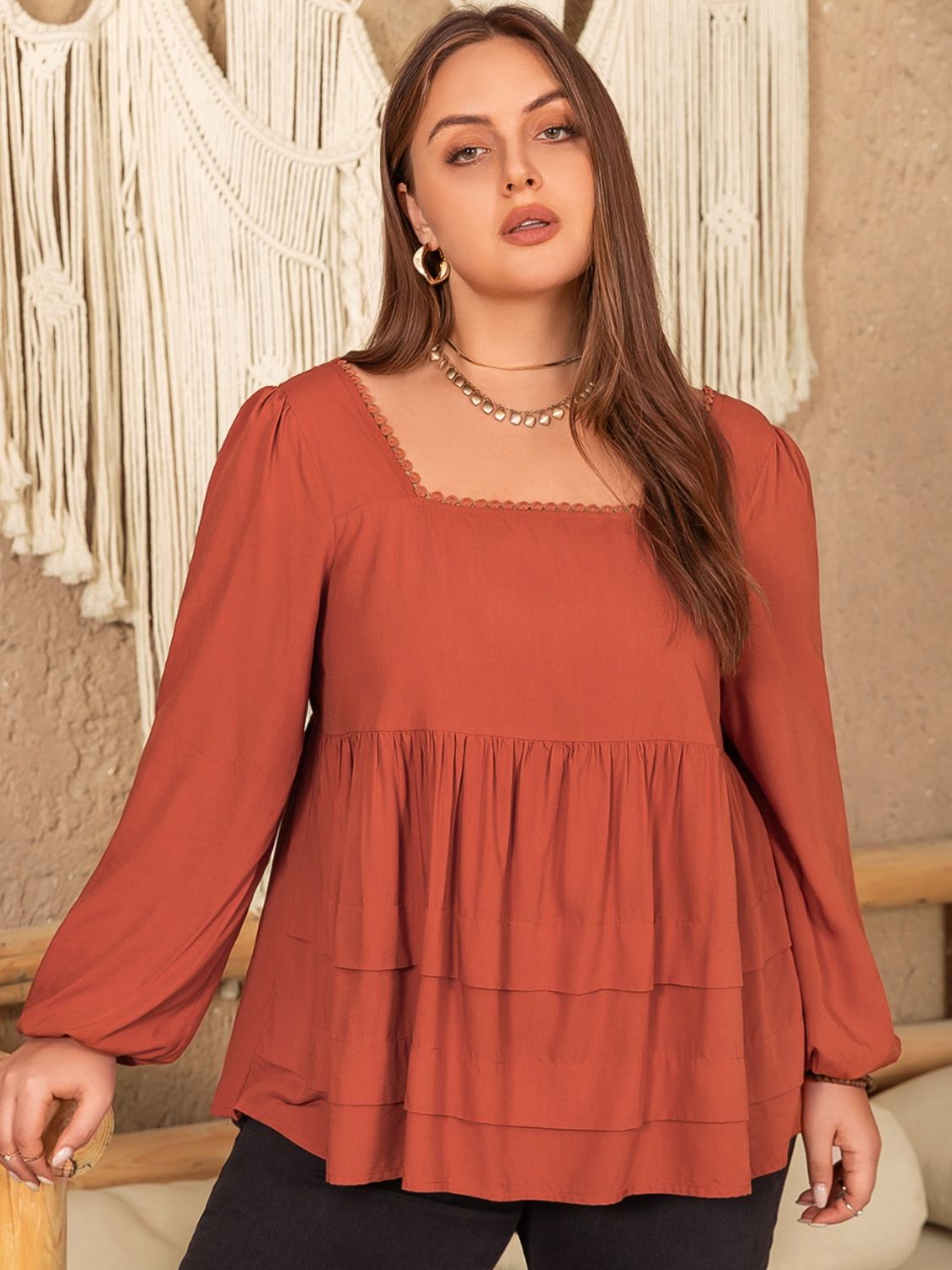 Plus Size Lace Detail Square Neck Long Sleeve Blouse - Charming Charlie
