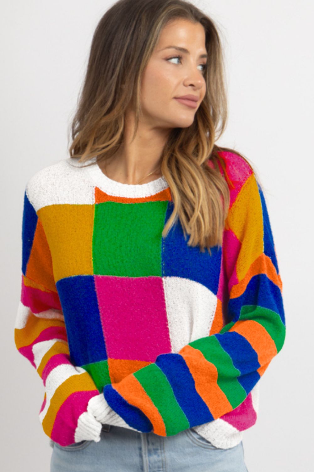 Color Block Round Neck Long Sleeve Sweater - Charming Charlie
