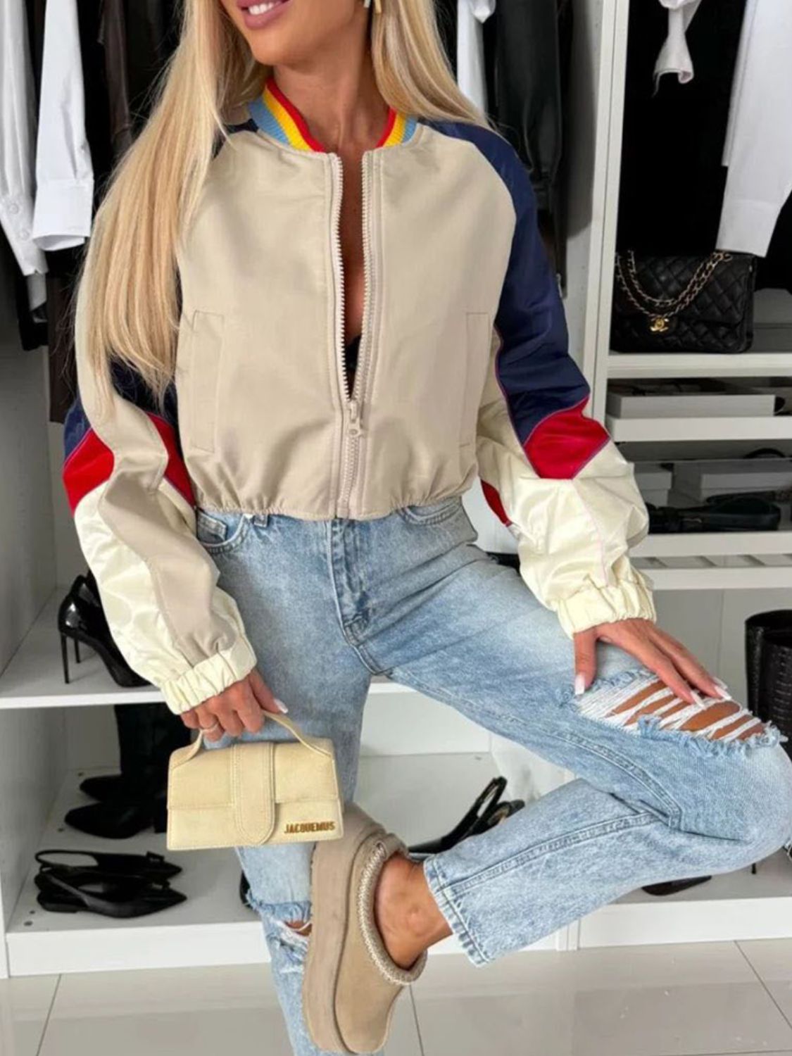 Contrast Baseball Collar Zip Up Long Sleeve Jacket - Charming Charlie