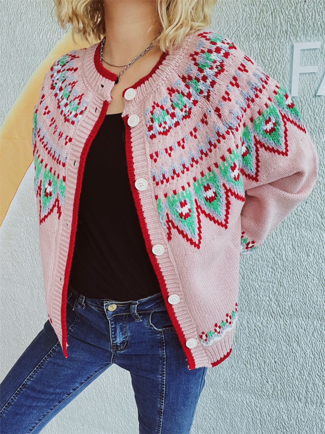 Contrast Geometric Round Neck Long Sleeve Cardigan - Charming Charlie