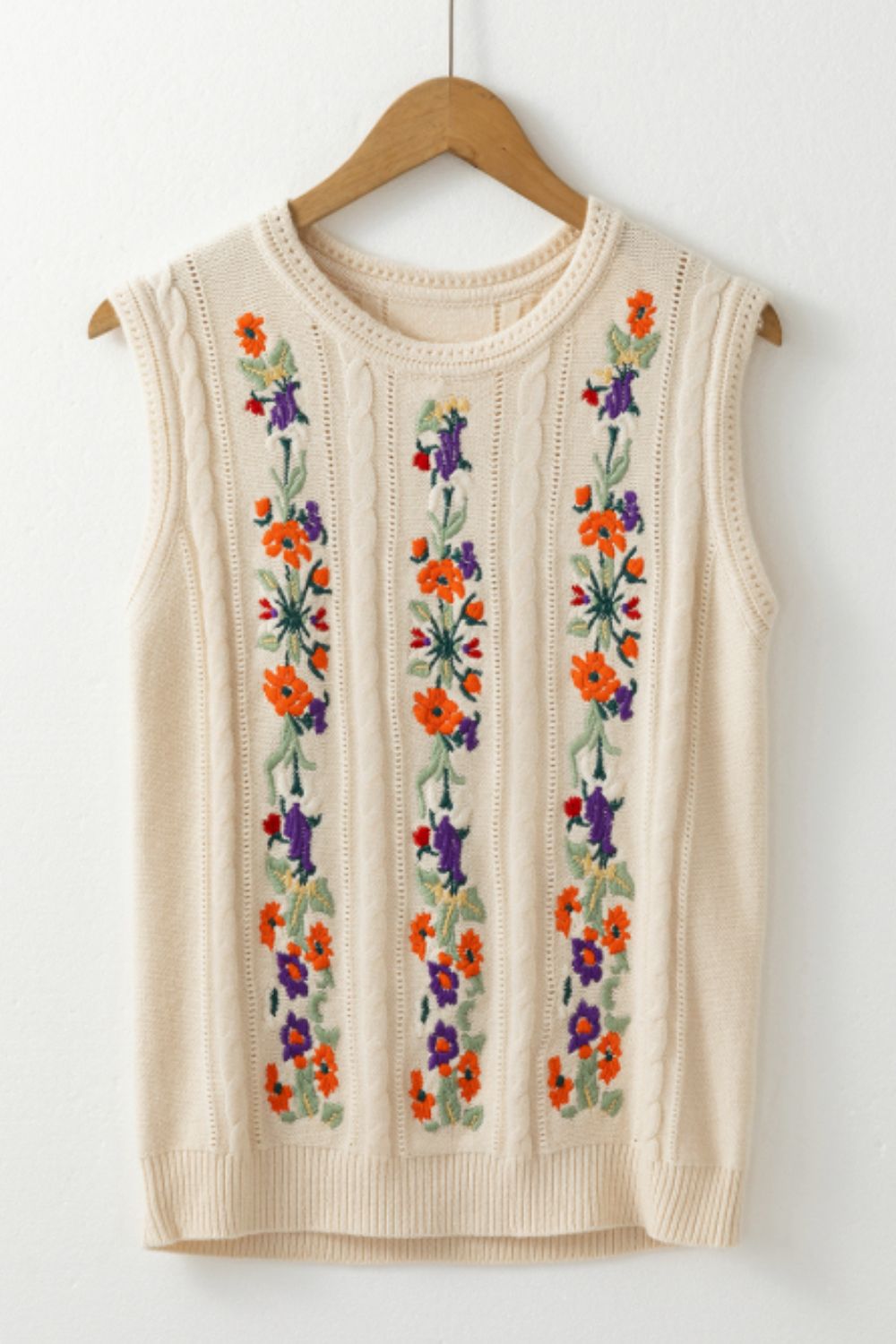 Embroidered Cable-Knit Round Neck Sweater Vest - Charming Charlie