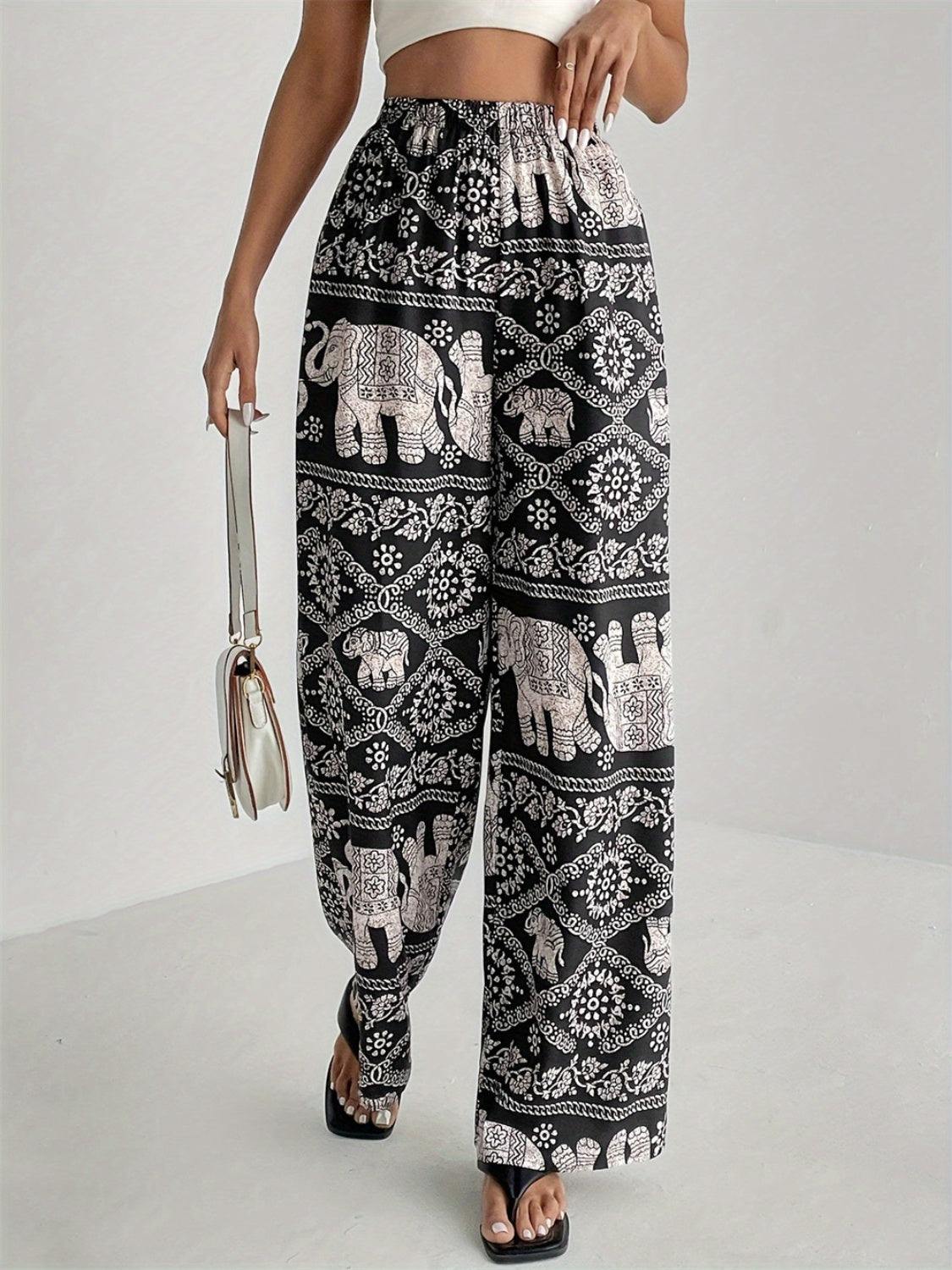 Printed Wide Leg Elastic Waist Pants - Charming Charlie