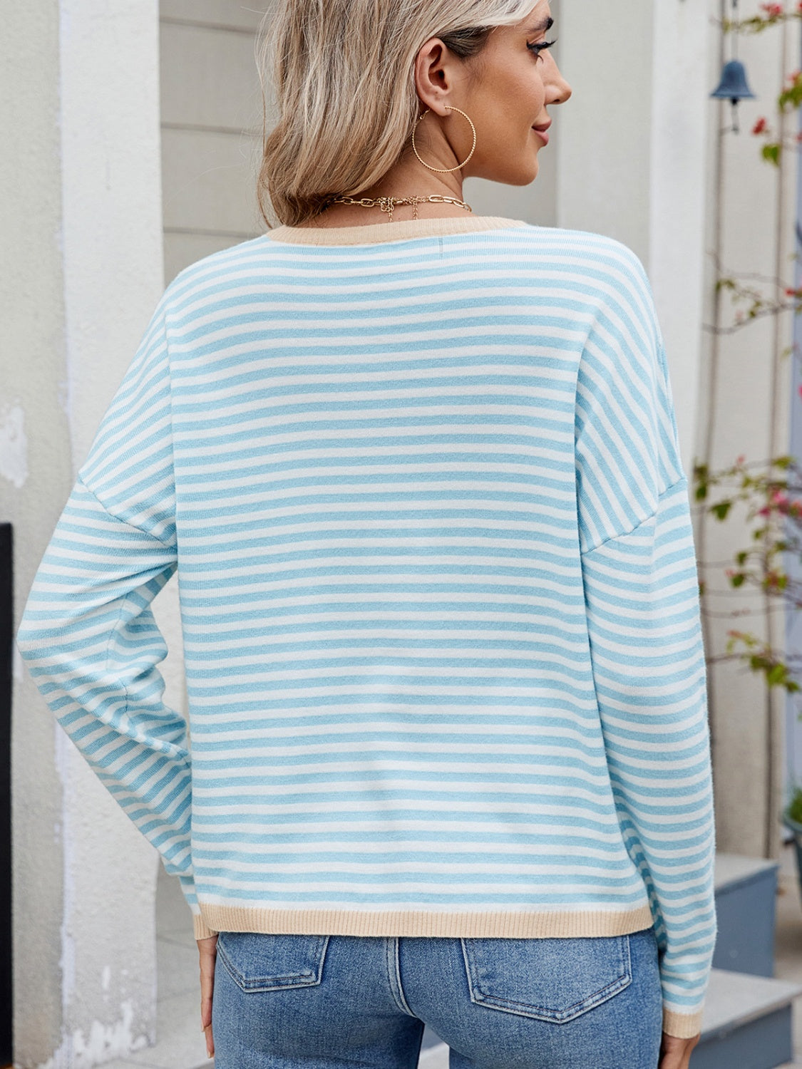 Striped Contrast Round Neck Long Sleeve Sweater - Charming Charlie