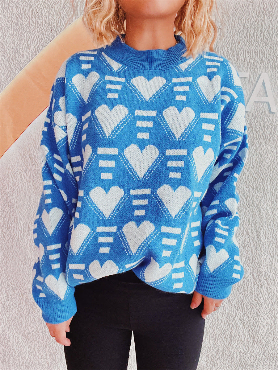 Heart Contrast Long Sleeve Dropped Shoulder Sweater - Charming Charlie