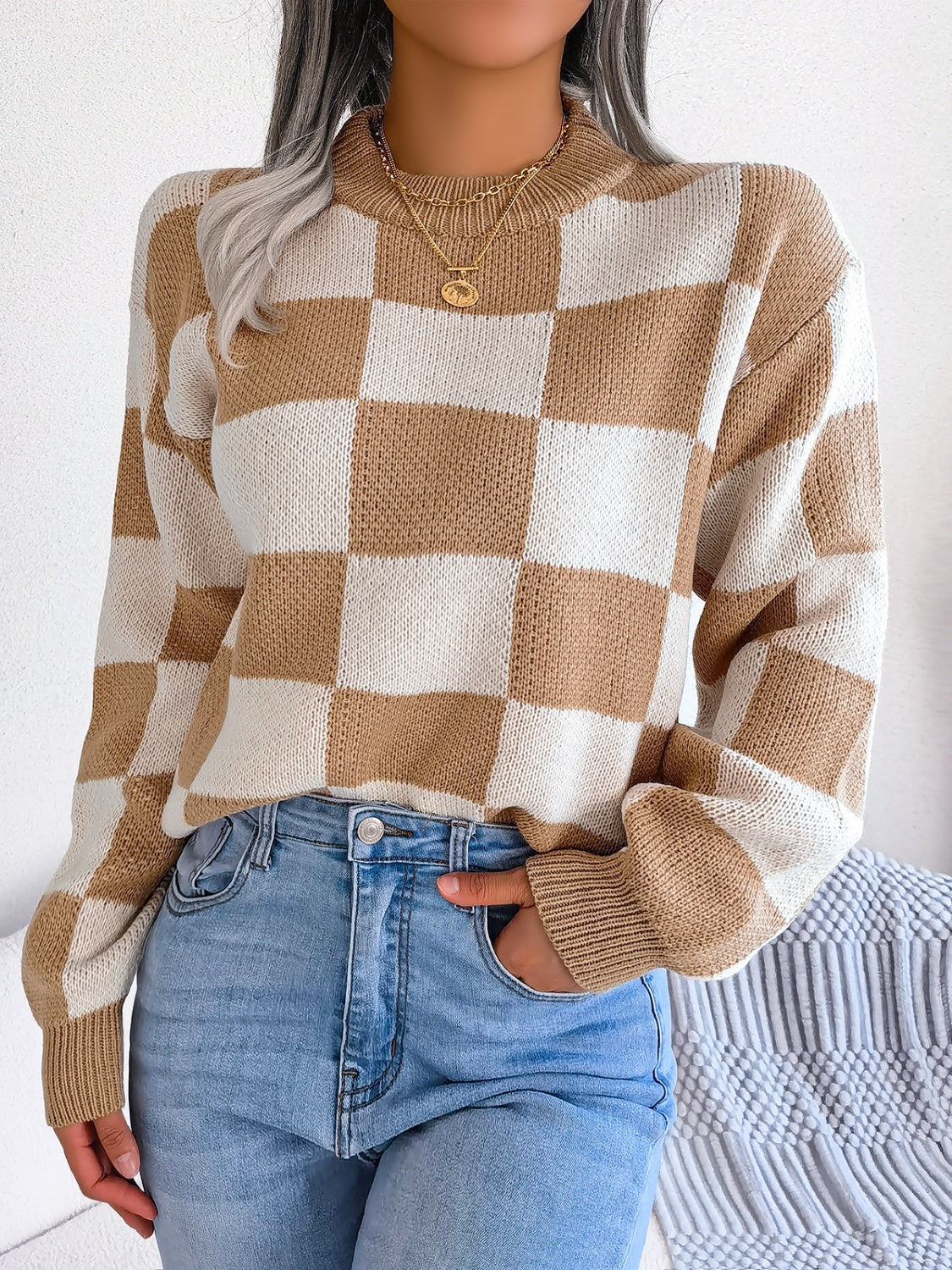 Checkered Mock Neck Long Sleeve Sweater - Charming Charlie