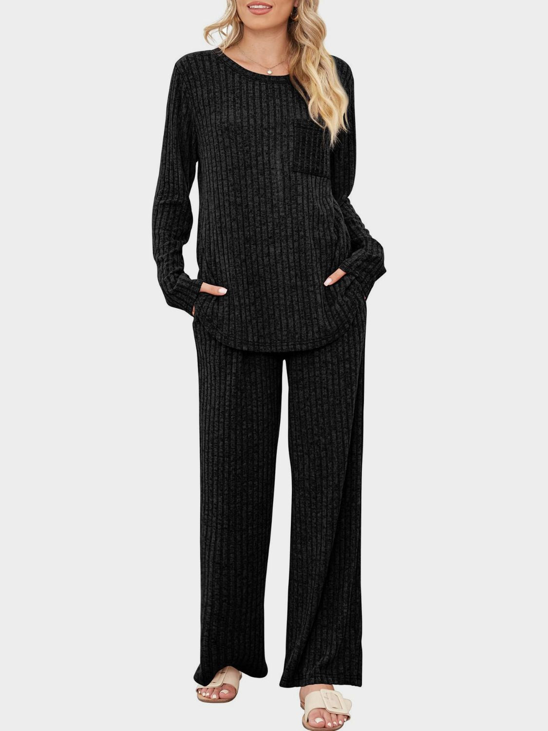 Round Neck Long Sleeve Top and Pants Set - Charming Charlie