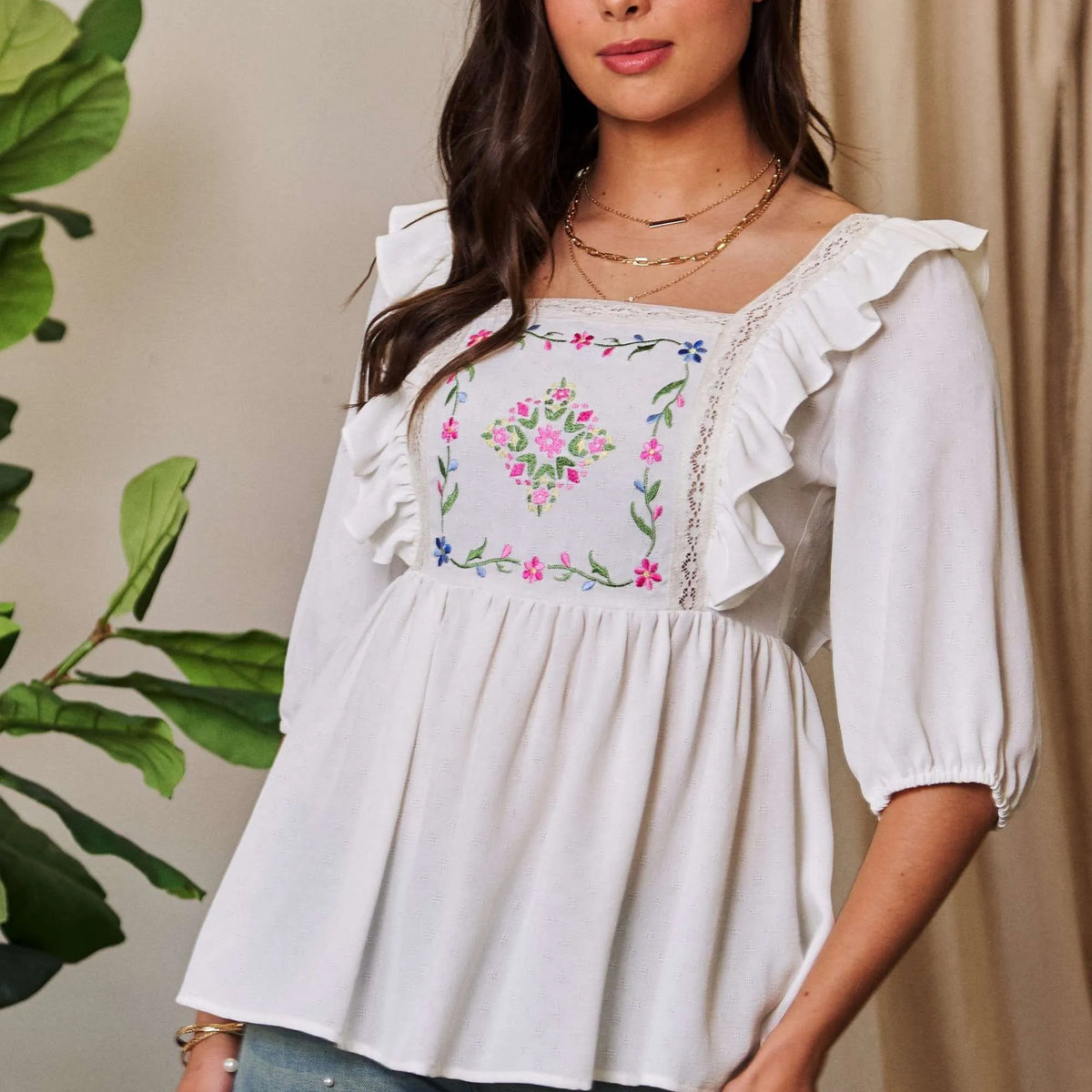 Davi & Dani Nature Printed Square Neck Puff Sleeve Blouse main image 1
