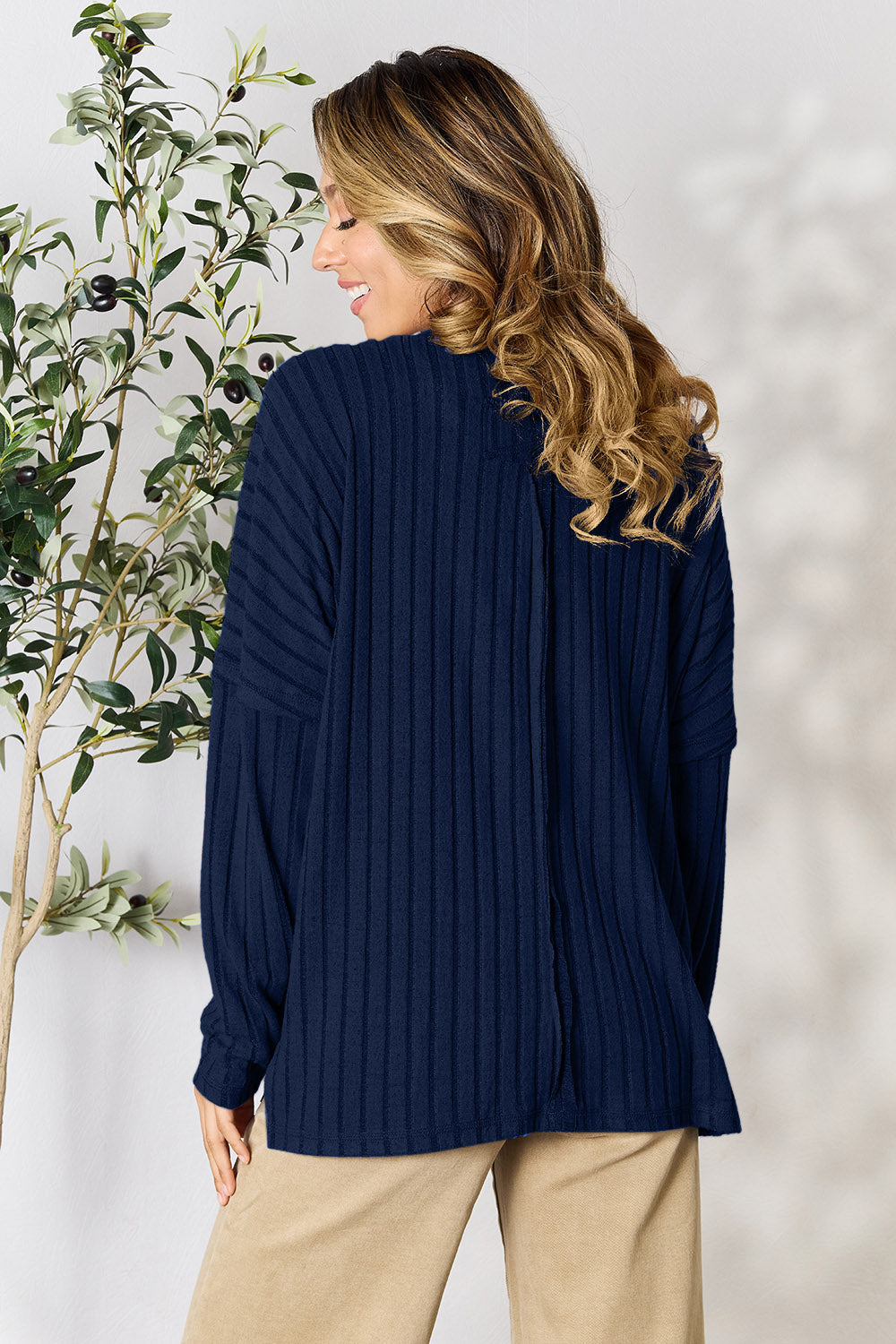 Basic Bae Full Size Ribbed Round Neck Slit Knit Top - Charming Charlie