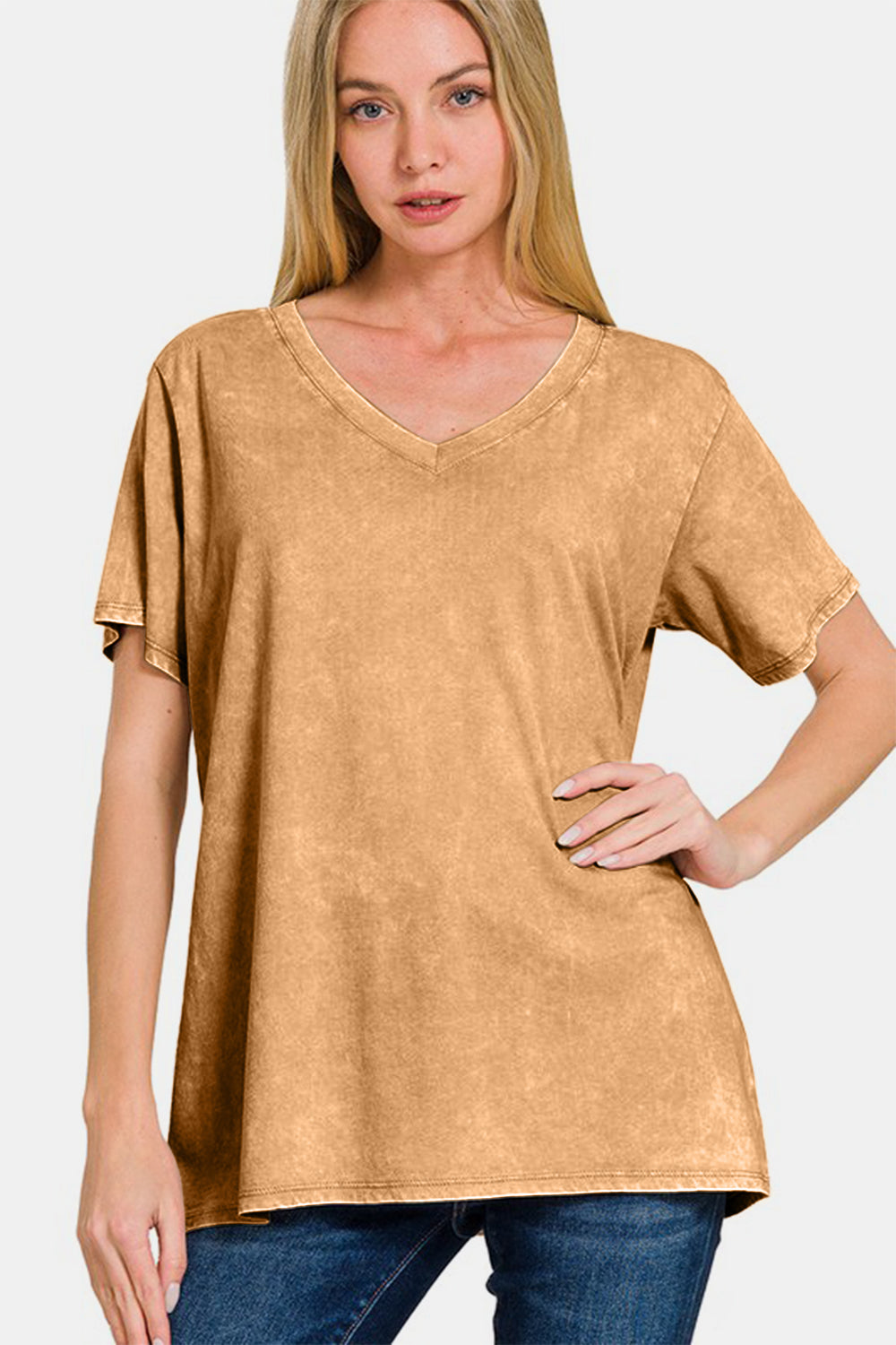Zenana Full Size Washed Short Sleeve V-Neck T-Shirt - Charming Charlie