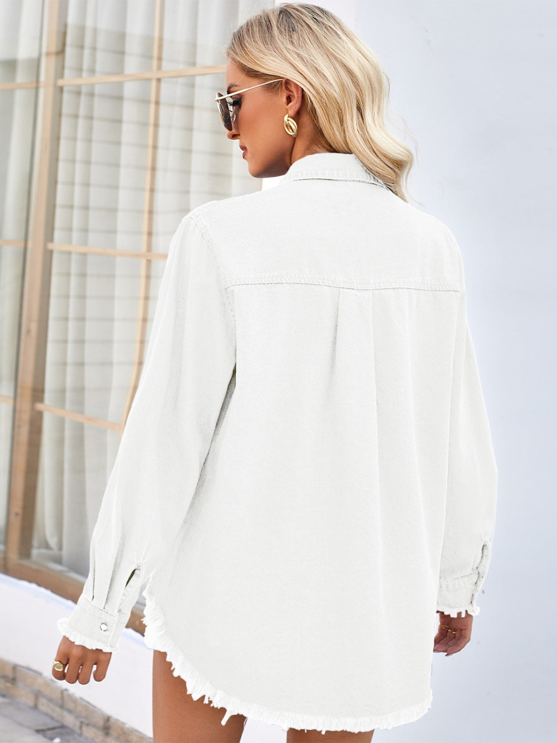 Raw Hem Button Up Long Sleeve Denim Jacket with Sequin Pockets - Charming Charlie