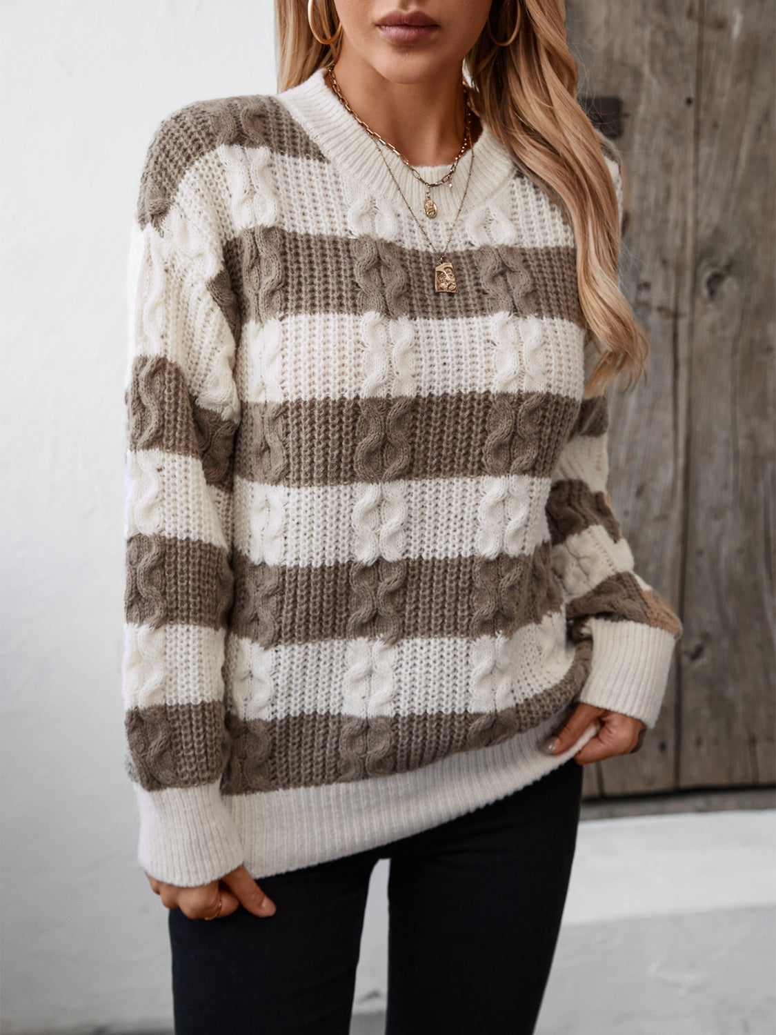Striped Round Neck Long Sleeve Sweater - Charming Charlie