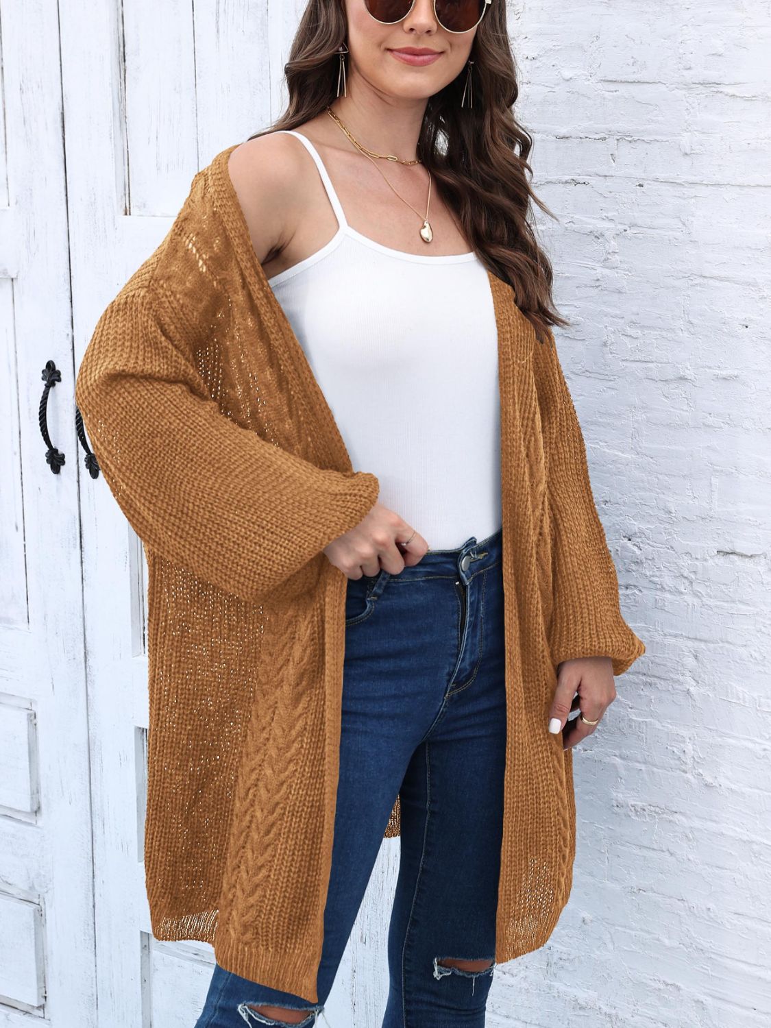 Cable-Knit Open Front Long Sleeve Cardigan - Charming Charlie