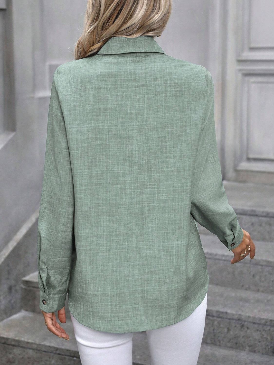 Button Up Collared Neck Long Sleeve Shirt - Charming Charlie