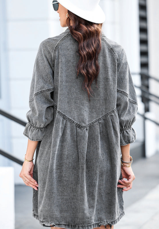 Distressed Collared Neck Flounce Sleeve Denim Dress - Charming Charlie