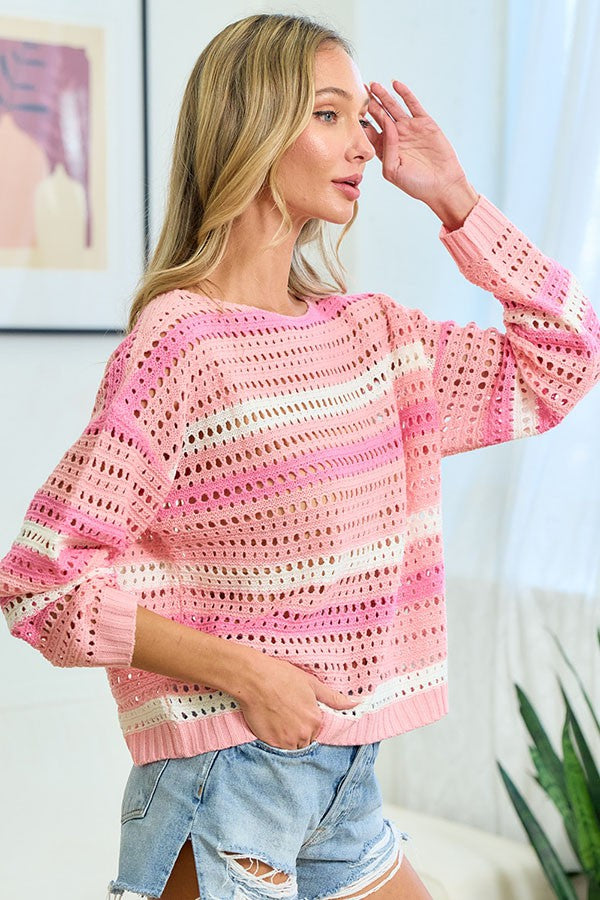 First Love Striped Long Sleeve Openwork Knit Top - Charming Charlie