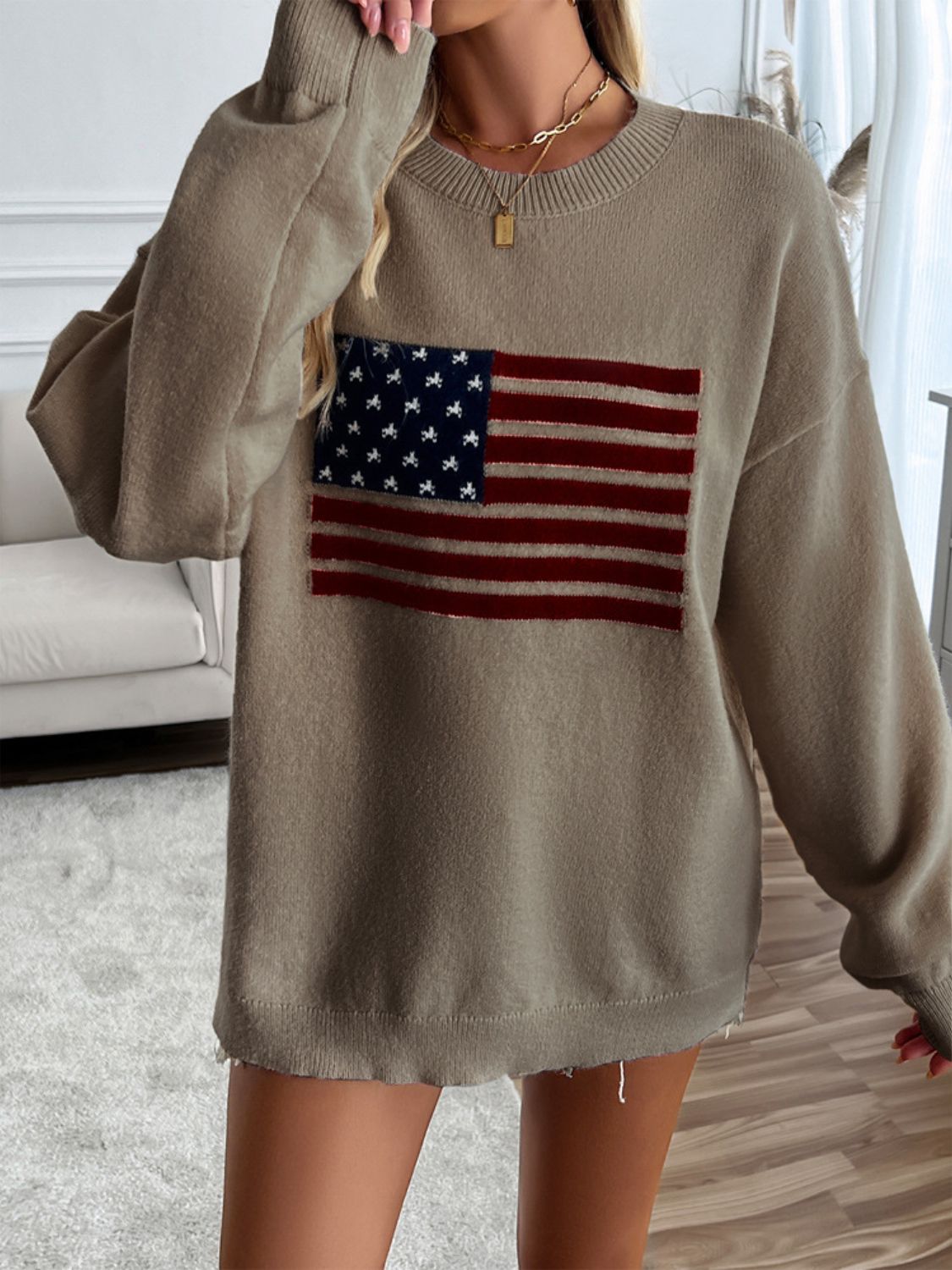 Devine US Flag Round Neck Long Sleeve Knit Top - Charming Charlie