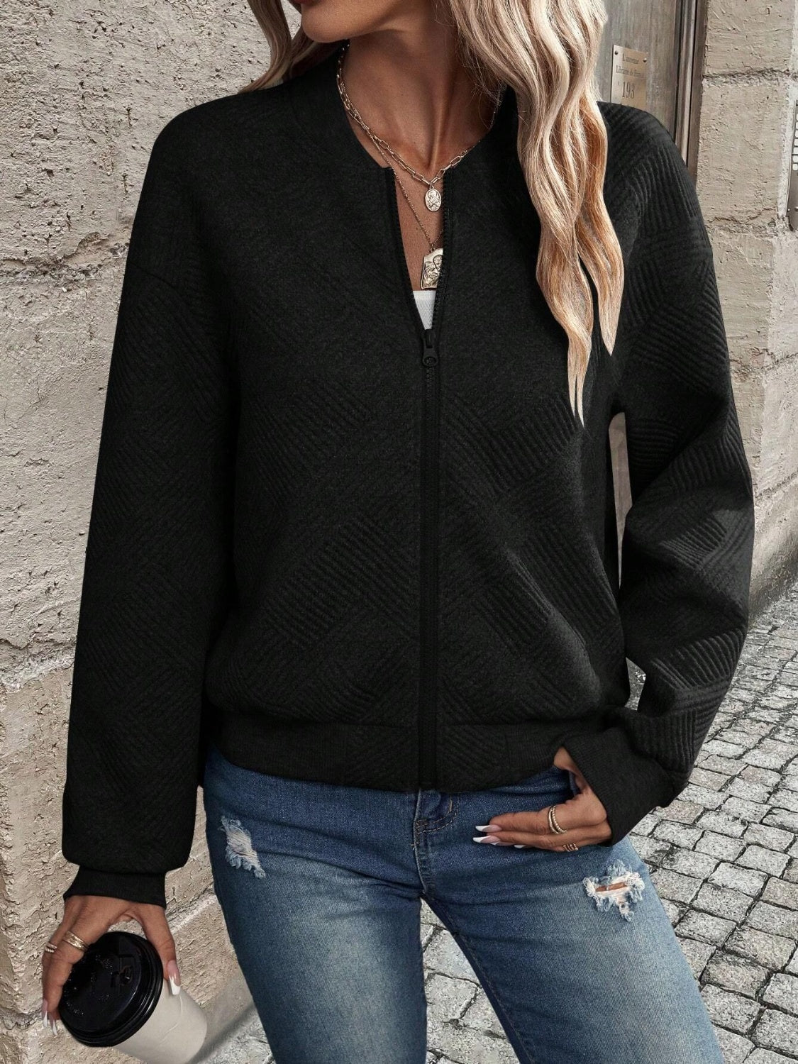 Textured Zip Up Long Sleeve Jacket - Charming Charlie