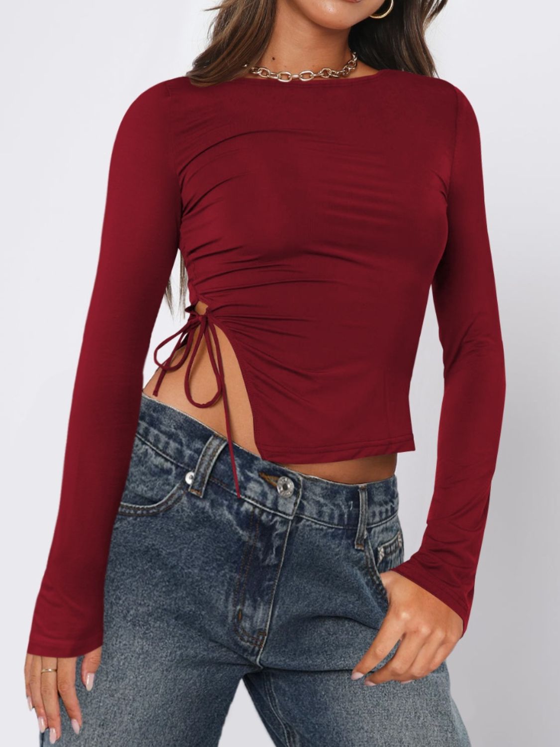 Tied Slit Round Neck Long Sleeve T-Shirt - Charming Charlie