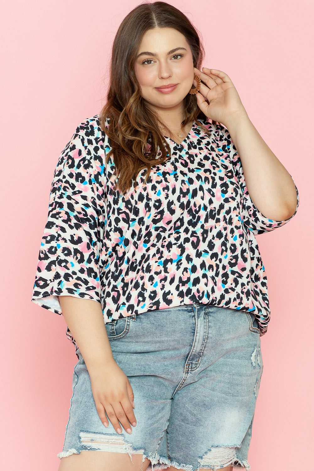 Plus Size Leopard V-Neck Three-Quarter Sleeve Blouse - Charming Charlie