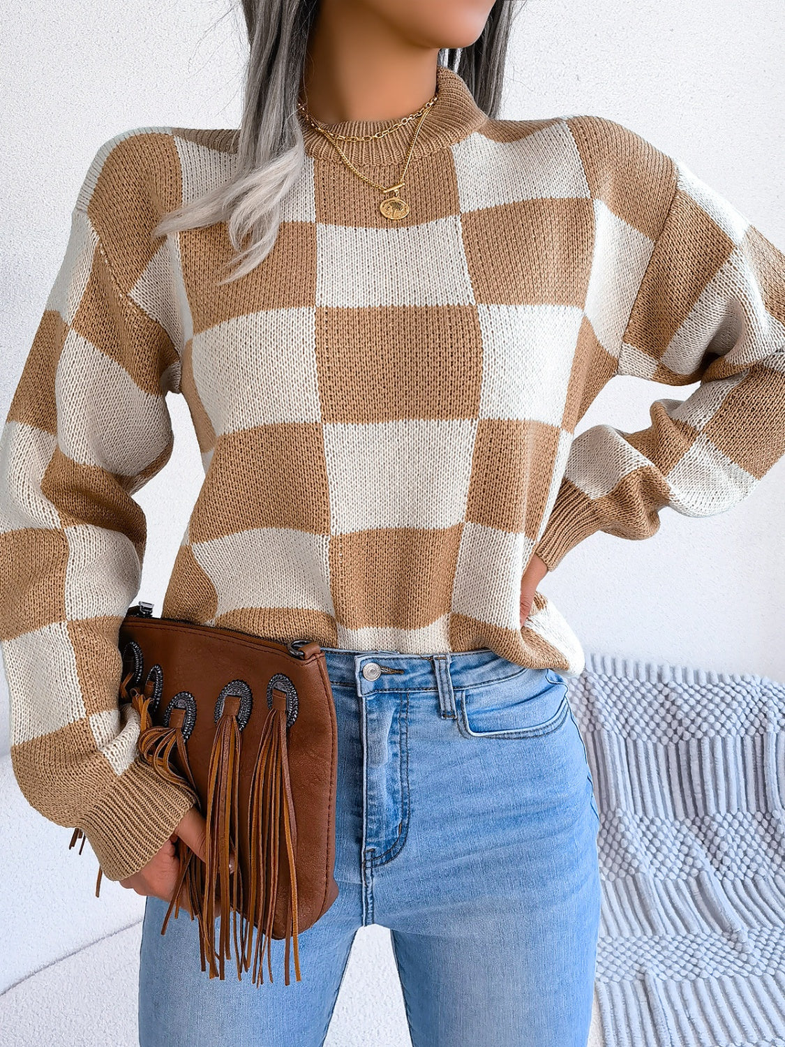 Checkered Mock Neck Long Sleeve Sweater - Charming Charlie