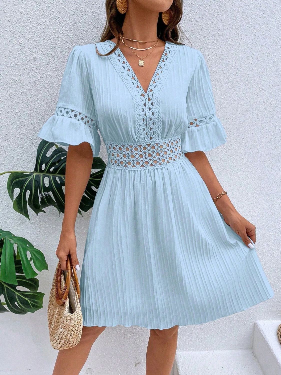 Cutout V-Neck Flounce Sleeve Mini Dress - Charming Charlie