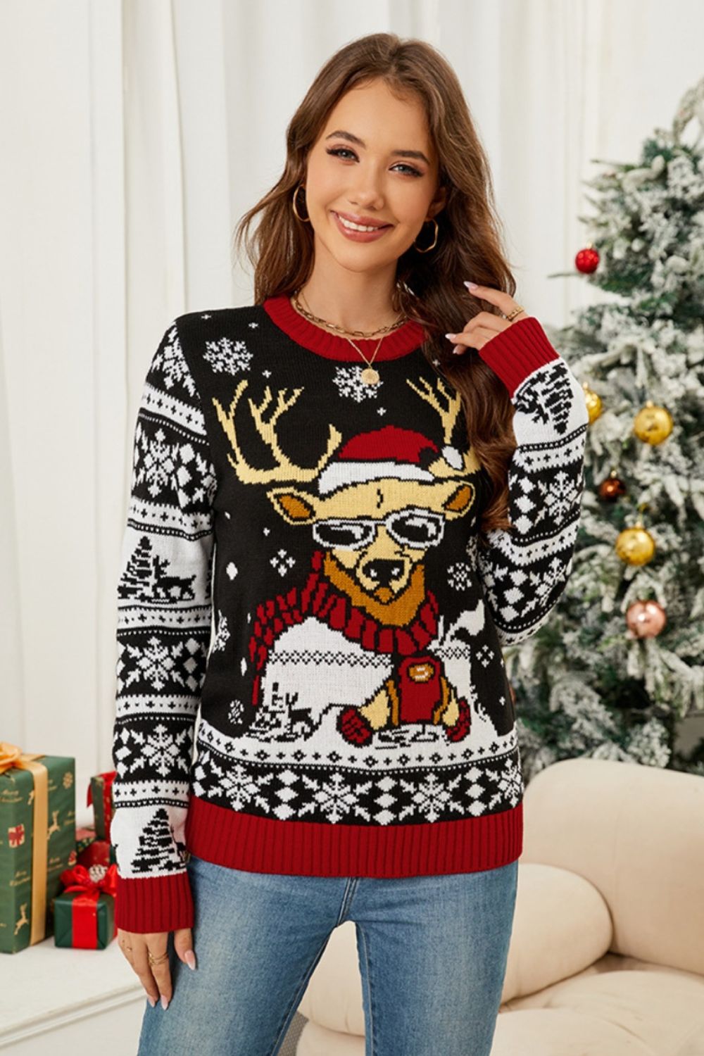 Christmas Pattern Round Neck Long Sleeve Sweater - Charming Charlie