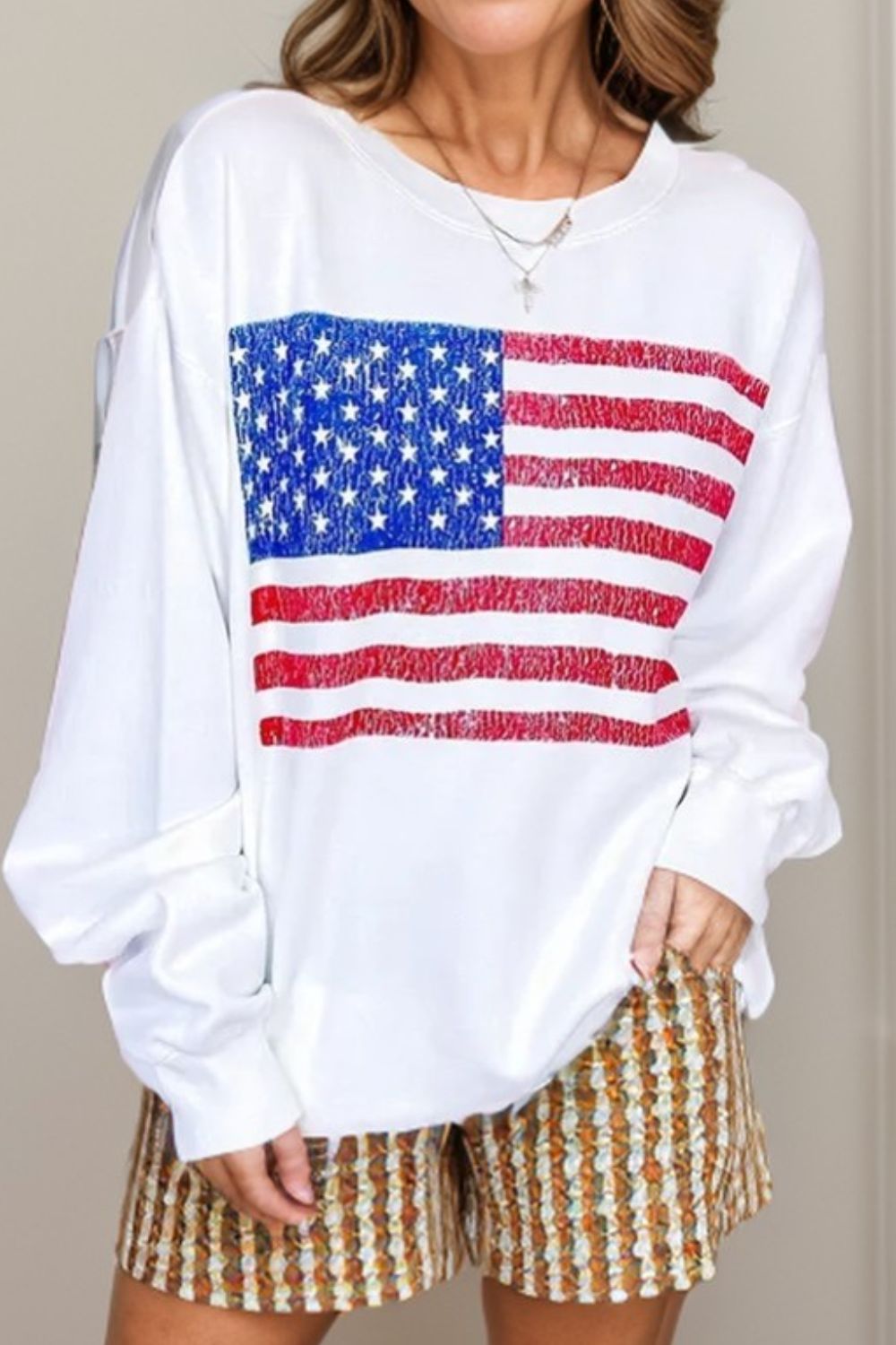 US Flag Round Neck Long Sleeve Sweatshirt - Charming Charlie