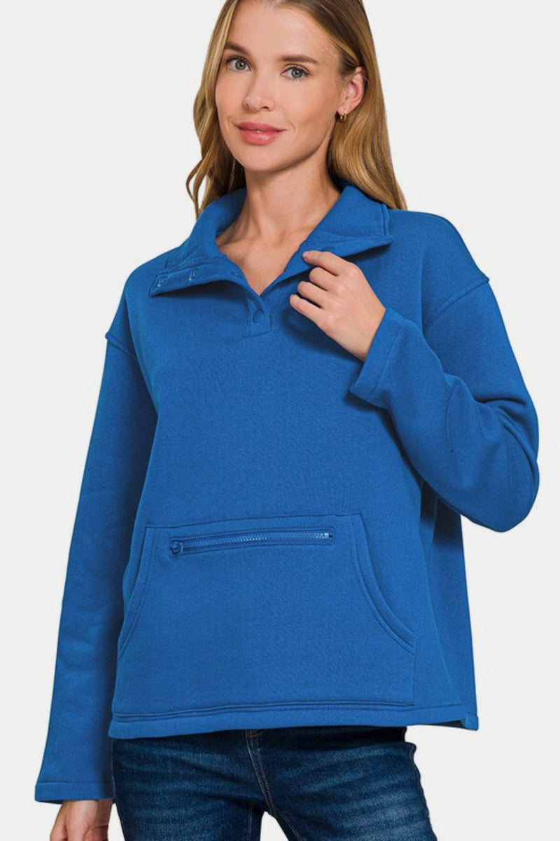 Zenana Drawstring Half Snap Dropped Shoulder Hoodie