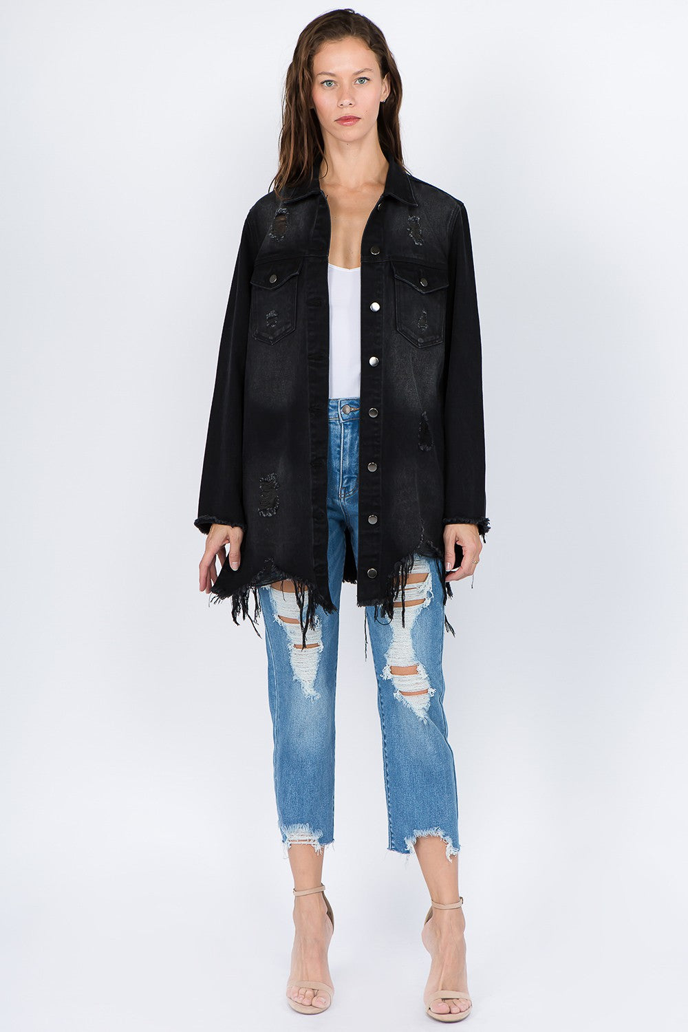 American Bazi Distressed Frayed Hem Denim Jacket - Charming Charlie
