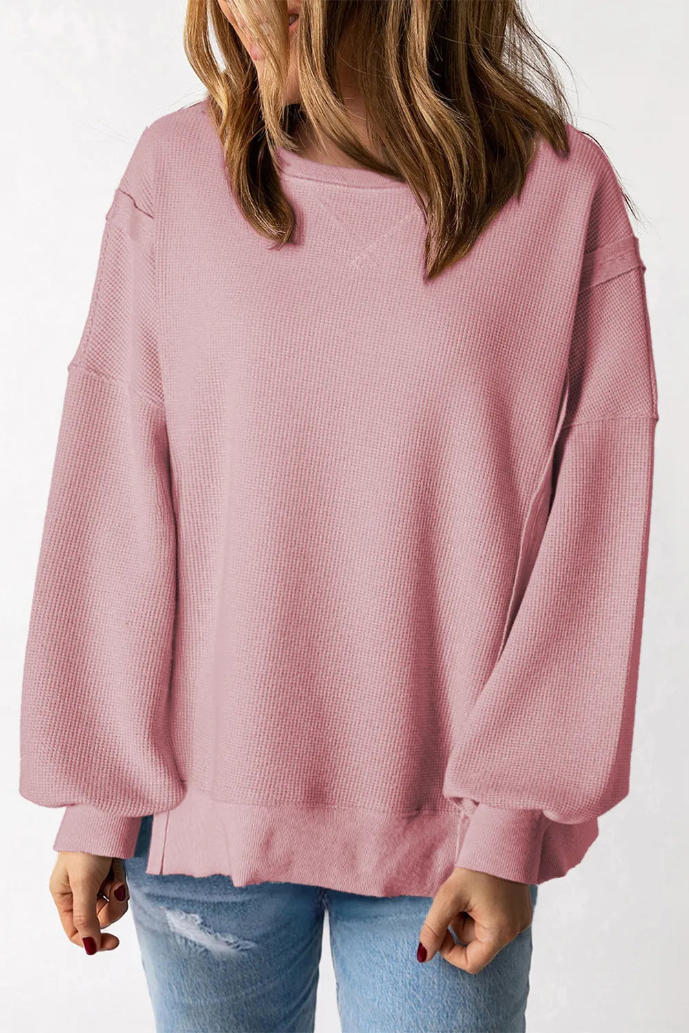 Slit Waffle-Knit Round Neck Long Sleeve Top - Charming Charlie