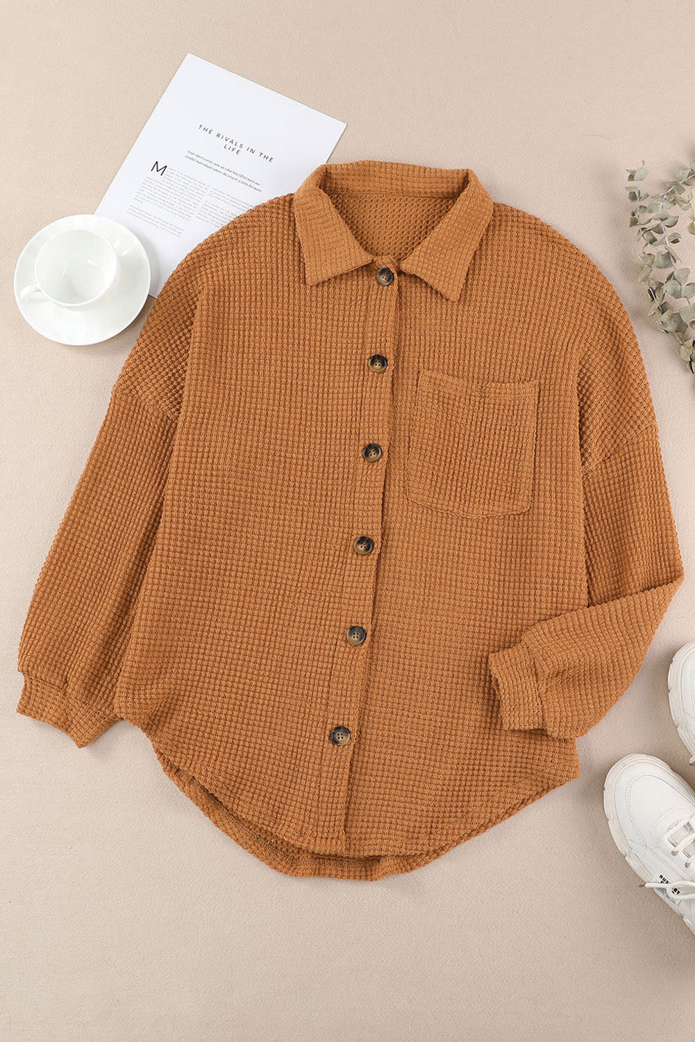 Waffle-Knit Collared Neck Long Sleeve Shirt - Charming Charlie