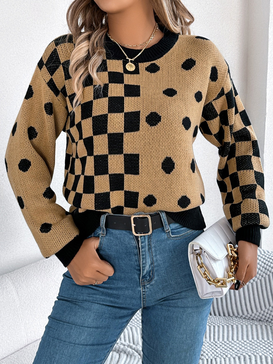 Plaid Round Neck Long Sleeve Sweater - Charming Charlie