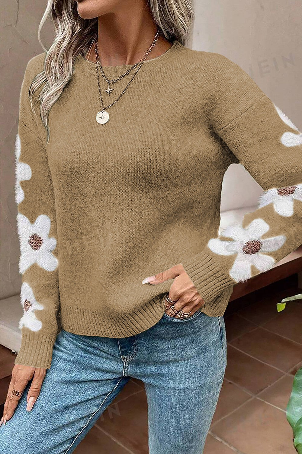 Flower Round Neck Long Sleeve Sweater - Charming Charlie