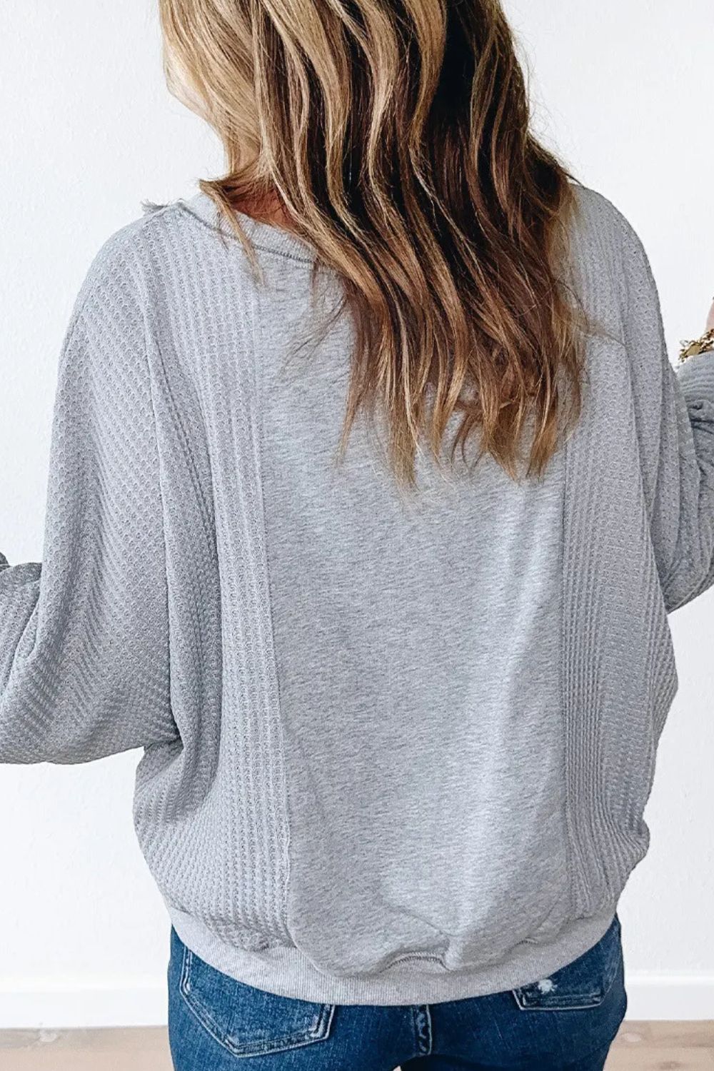 Waffle-Knit Round Neck Long Sleeve Top - Charming Charlie