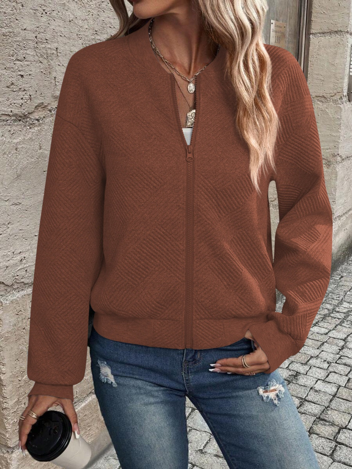 Textured Zip Up Long Sleeve Jacket - Charming Charlie
