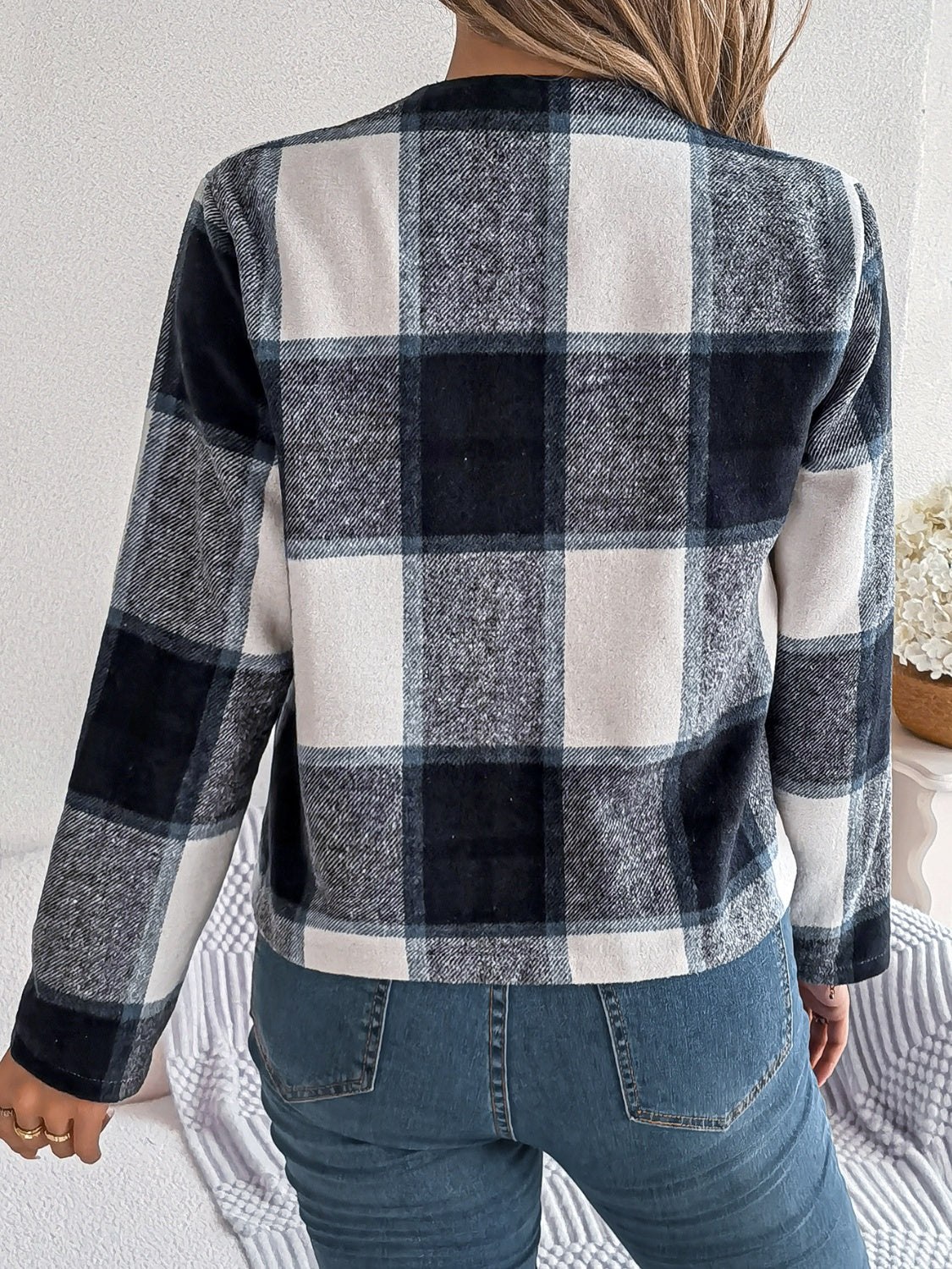 Plaid Open Front Long Sleeve Jacket - Charming Charlie
