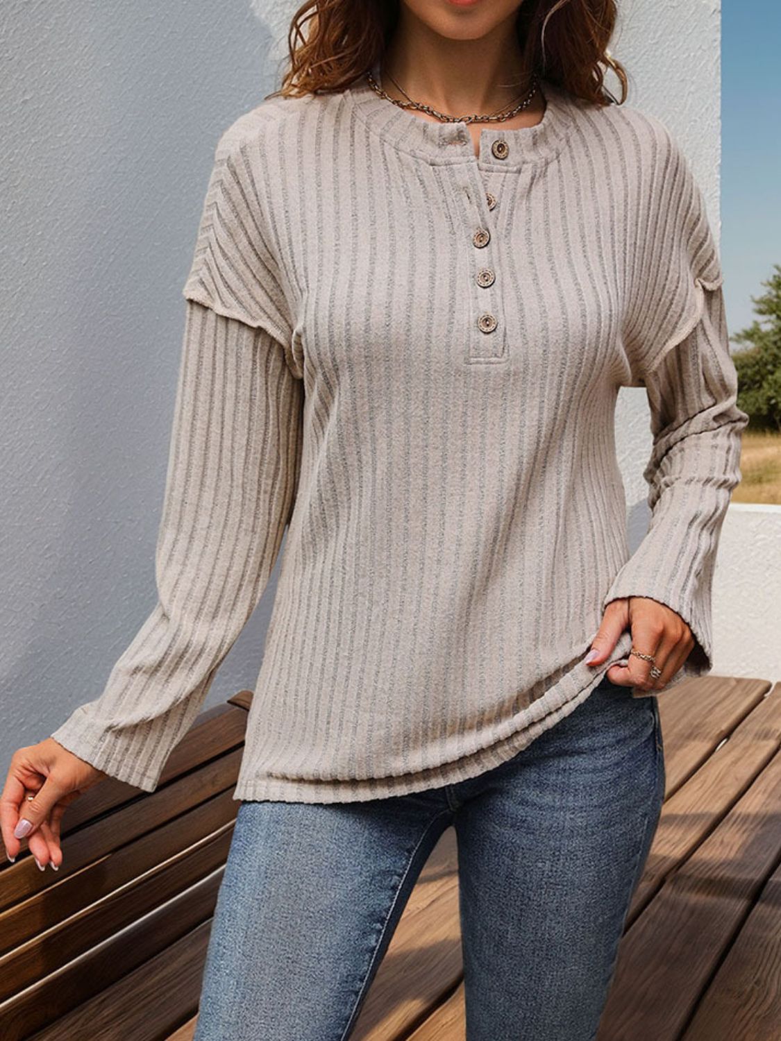 Slit Half Button Long Sleeve T-Shirt - Charming Charlie