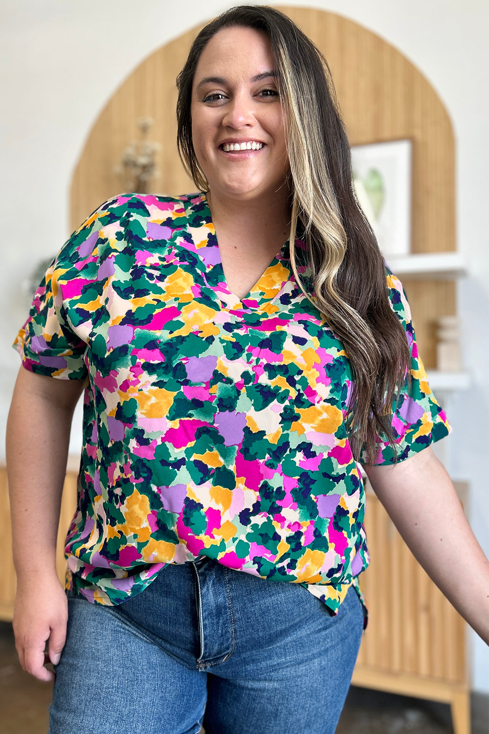 Double Take Full Size Printed V-Neck Short Sleeve Side Slit Top - Charming Charlie