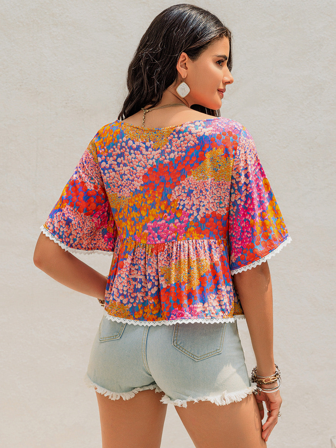 Ruched Printed Half Sleeve Blouse - Charming Charlie